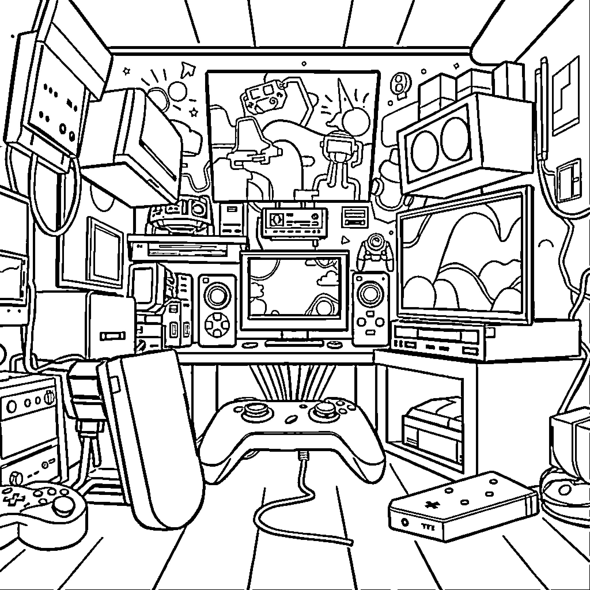 Gamer's Sanctuary: A Vibrant Digital Wonderland Coloring Page (free black-and-white line drawing printable PDF for all, from beginners to advanced learners, including children, teens, adults, and seniors)