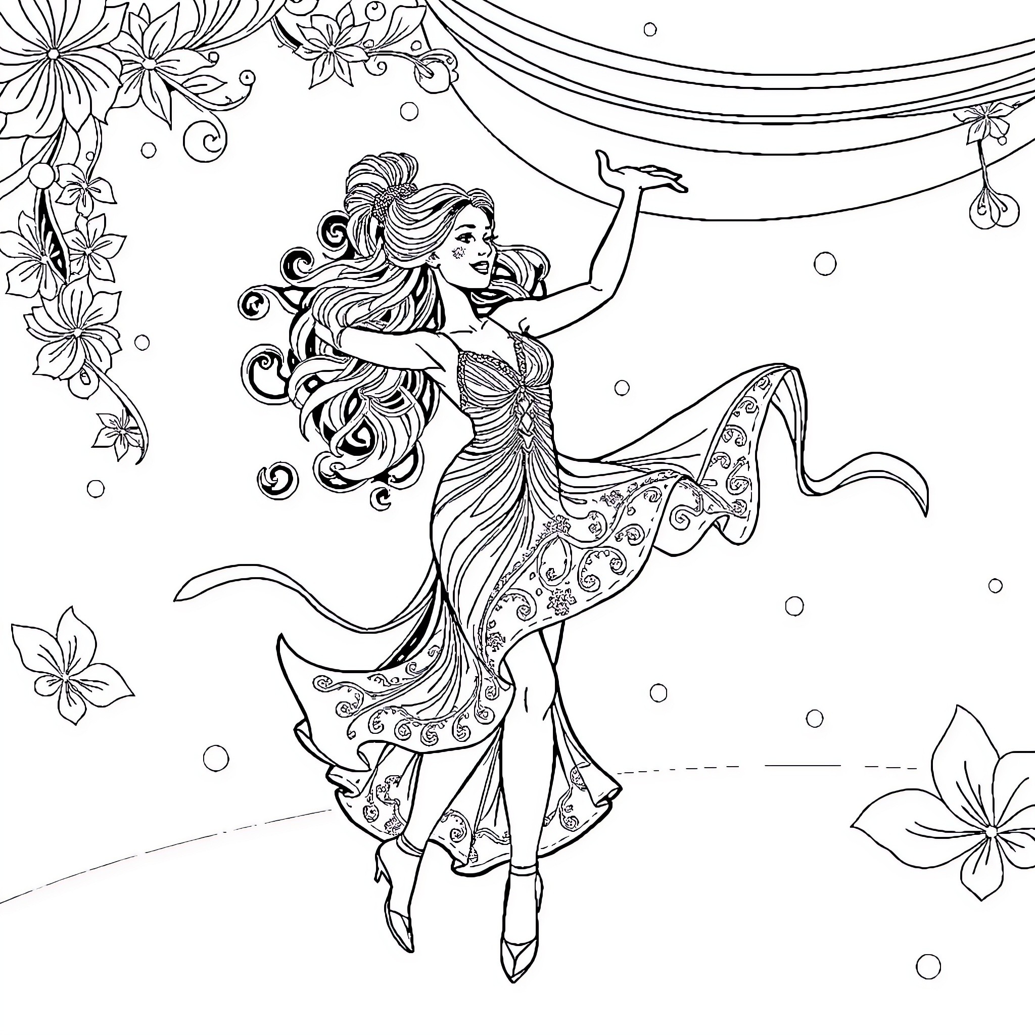 Mbayqui: Elegant Mermaid's Underwater Dance Coloring Page (free black-and-white line drawing printable PDF for all, from beginners to advanced learners, including children, teens, adults, and seniors)