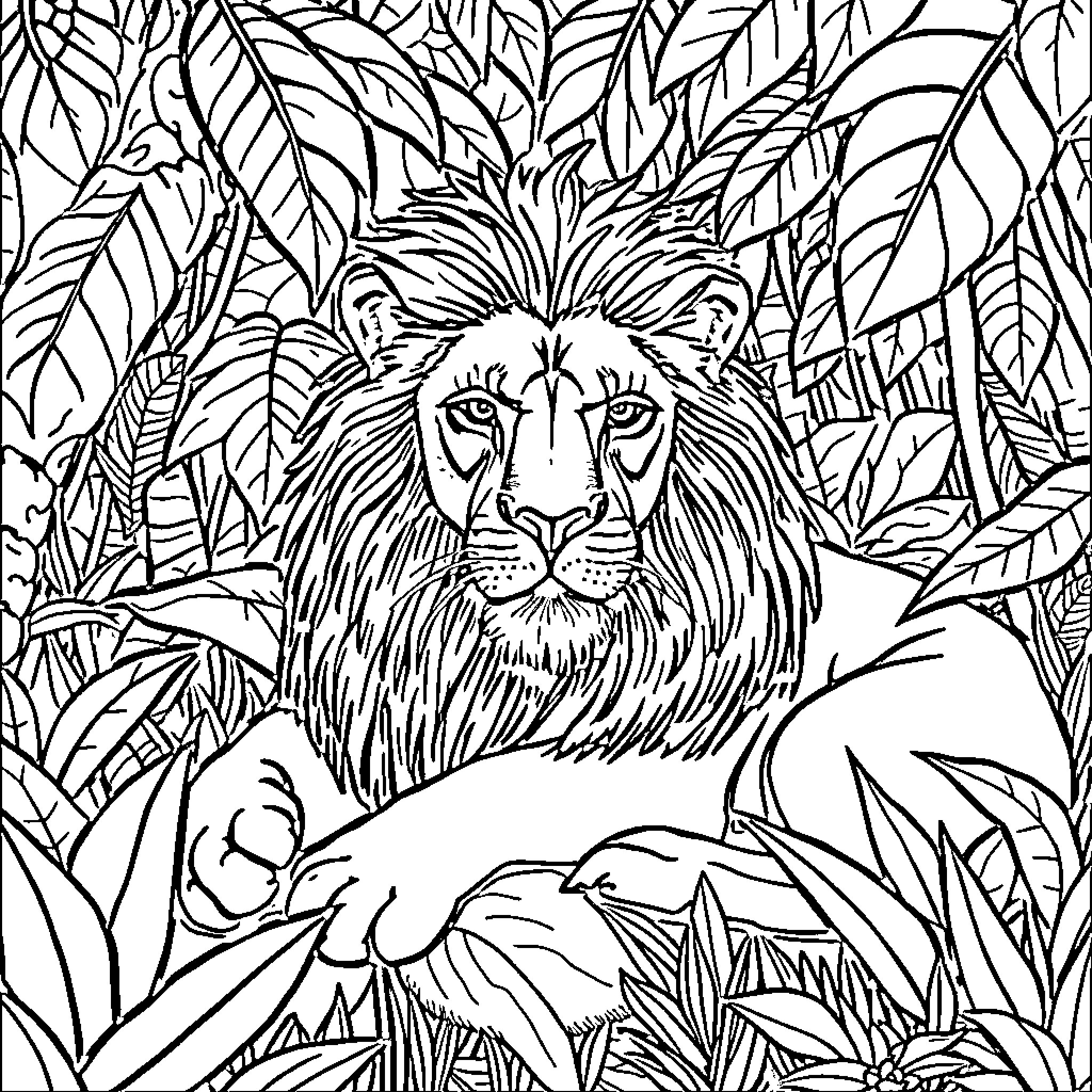 Lion in the Lush Jungle Coloring Page (free black-and-white line drawing printable PDF for all, from beginners to advanced learners, including children, teens, adults, and seniors)