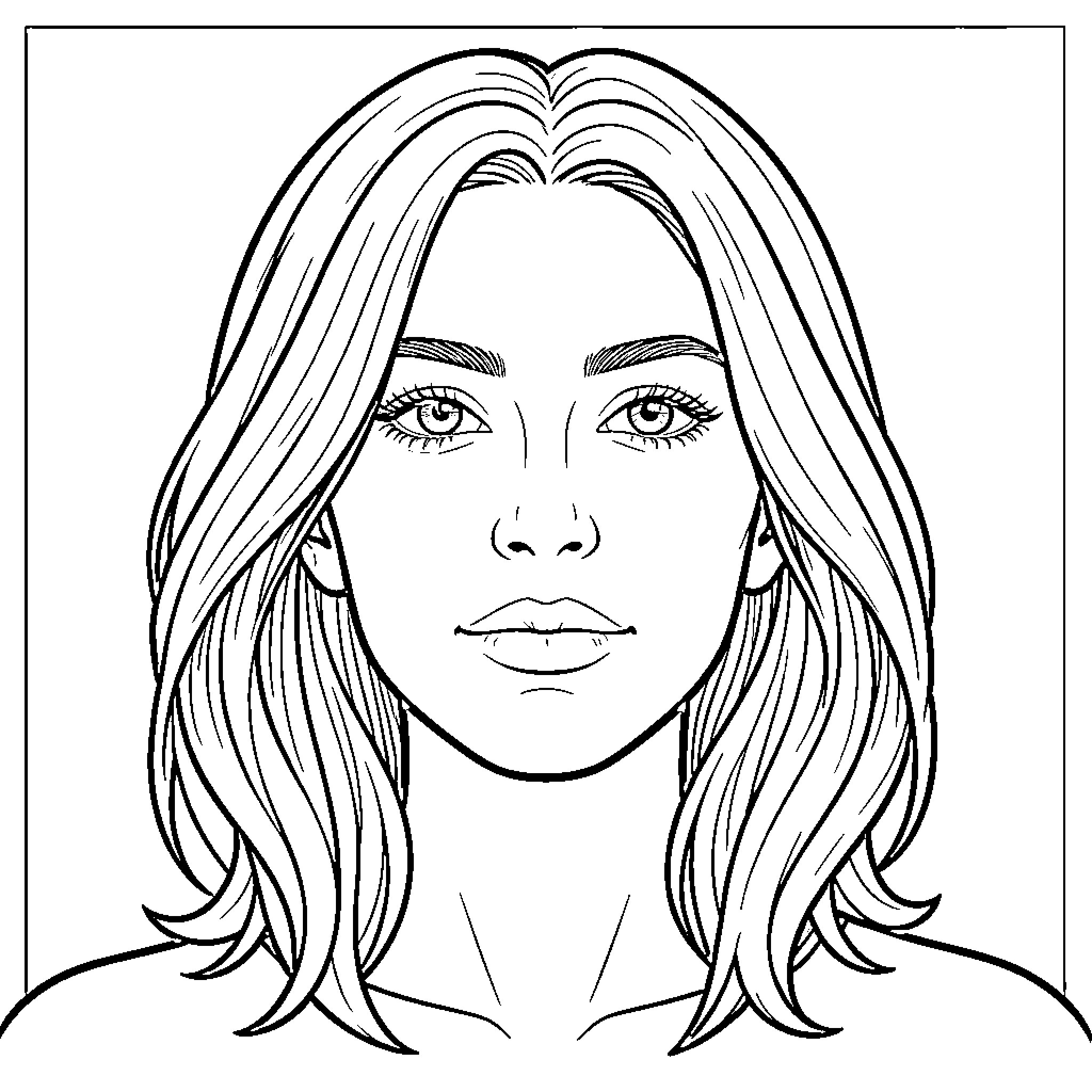 Face of a young woman with long wavy hair Coloring Page (free black-and-white line drawing printable PDF for all, from beginners to advanced learners, including children, teens, adults, and seniors)