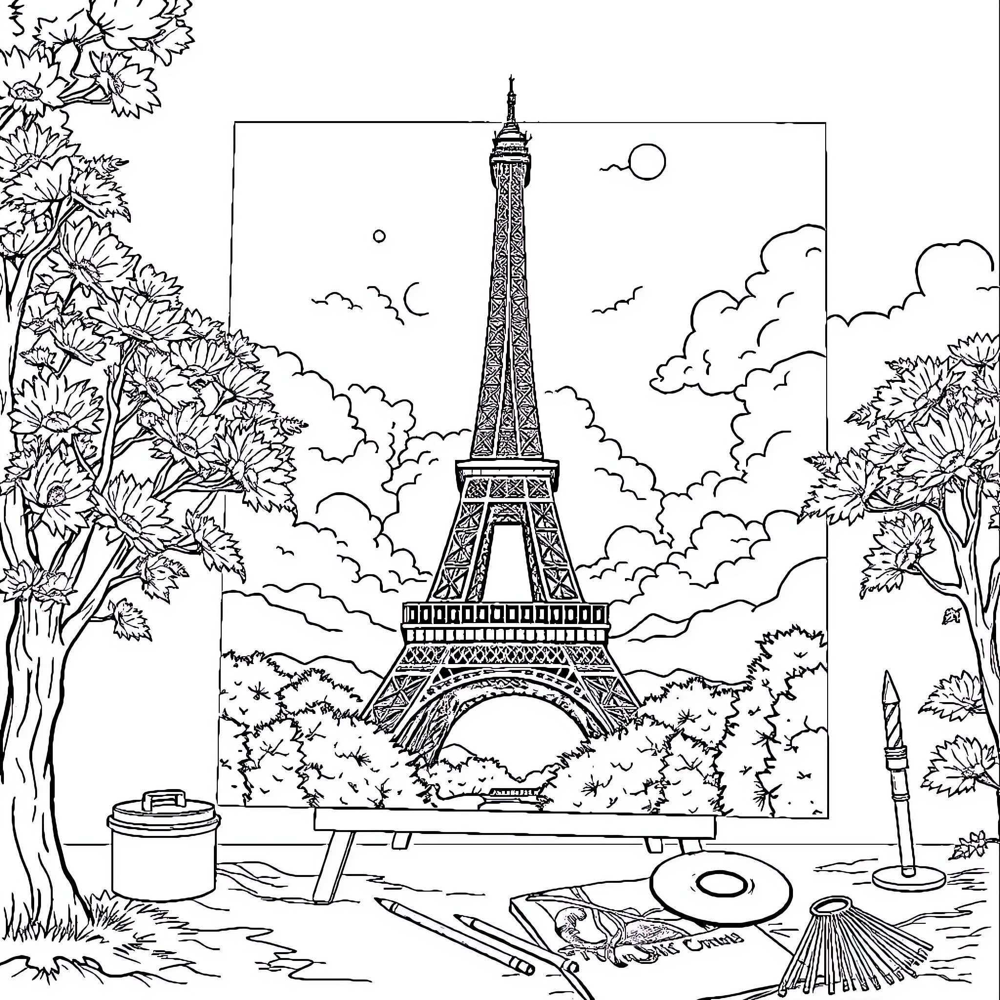 Bob Ross Painting a Scenic Paris Landscape Coloring Page (free black-and-white line drawing printable PDF for all, from beginners to advanced learners, including children, teens, adults, and seniors)