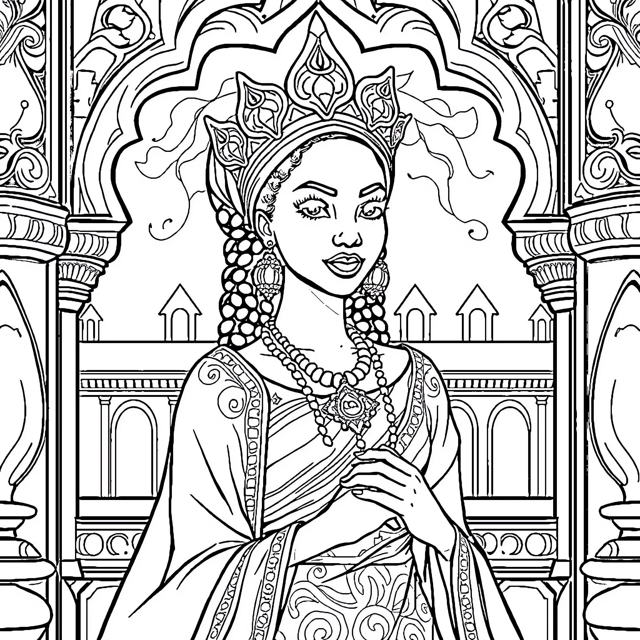Princess in Ornate Regal Attire Coloring Page (free black-and-white line drawing printable PDF for all, from beginners to advanced learners, including children, teens, adults, and seniors)