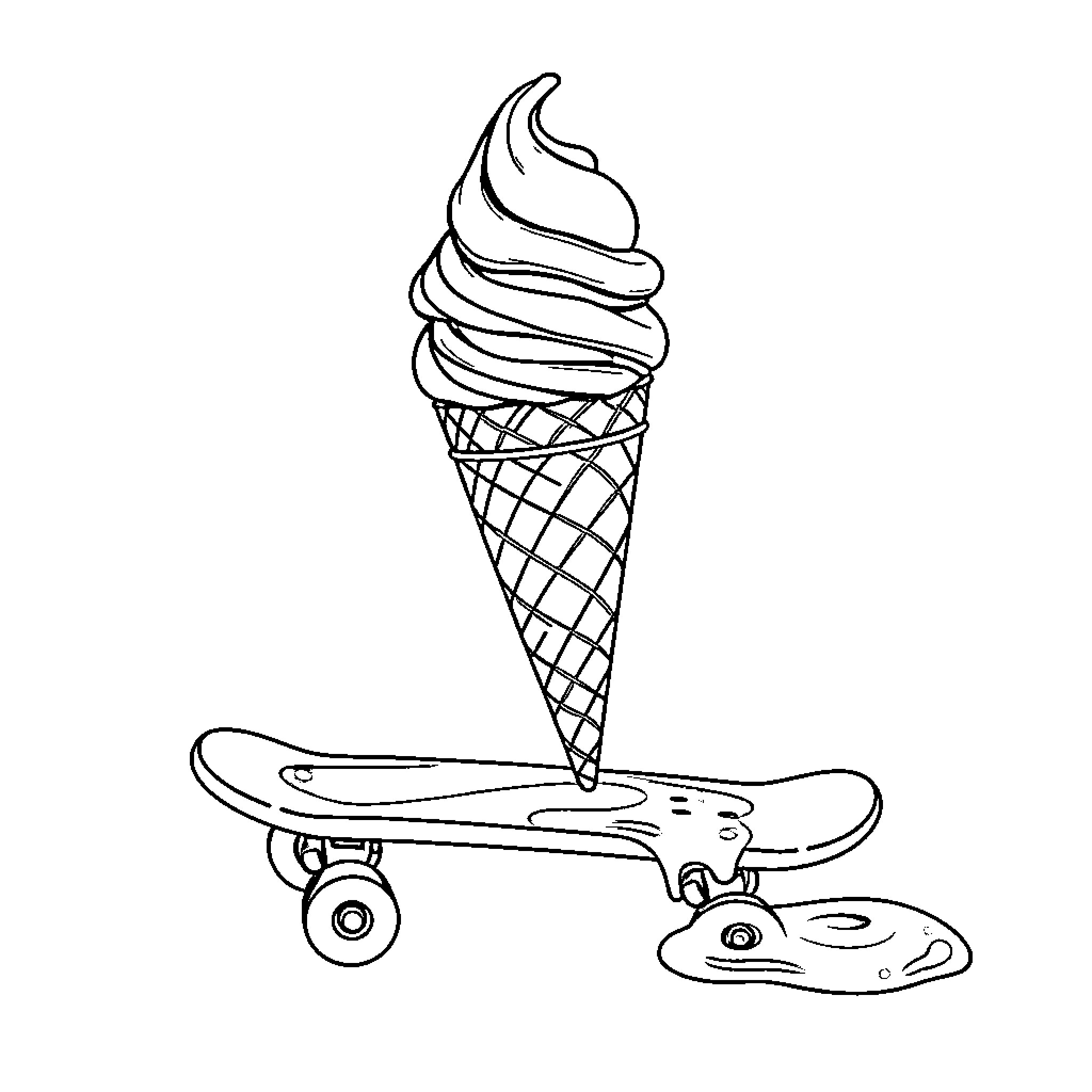 Ice Cream Skateboarding on Puddle Coloring Page (free black-and-white line drawing printable PDF for all, from beginners to advanced learners, including children, teens, adults, and seniors)