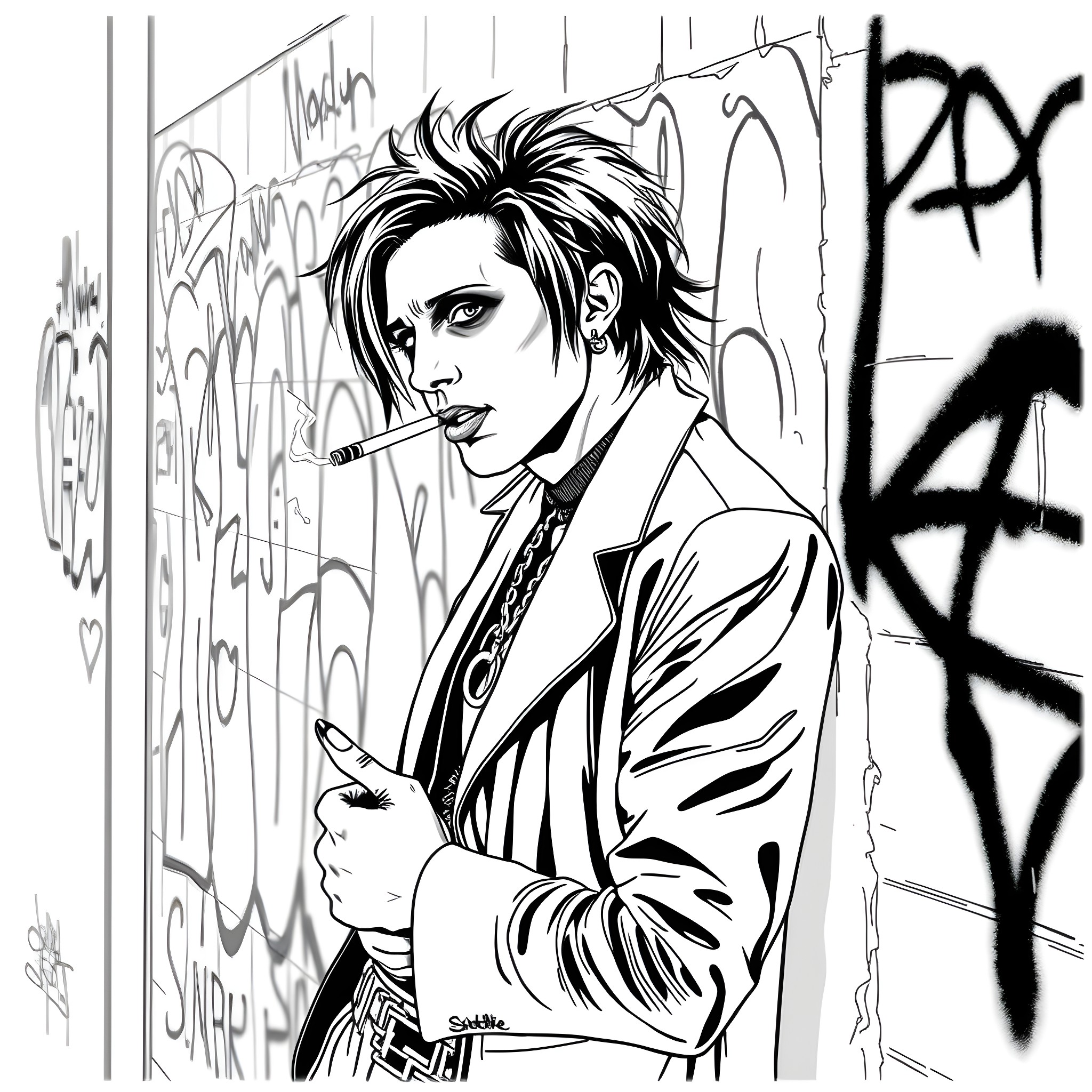 Marilyn Manson smoking cigarette in urban setting Coloring Page (free black-and-white line drawing printable PDF for all, from beginners to advanced learners, including children, teens, adults, and seniors)
