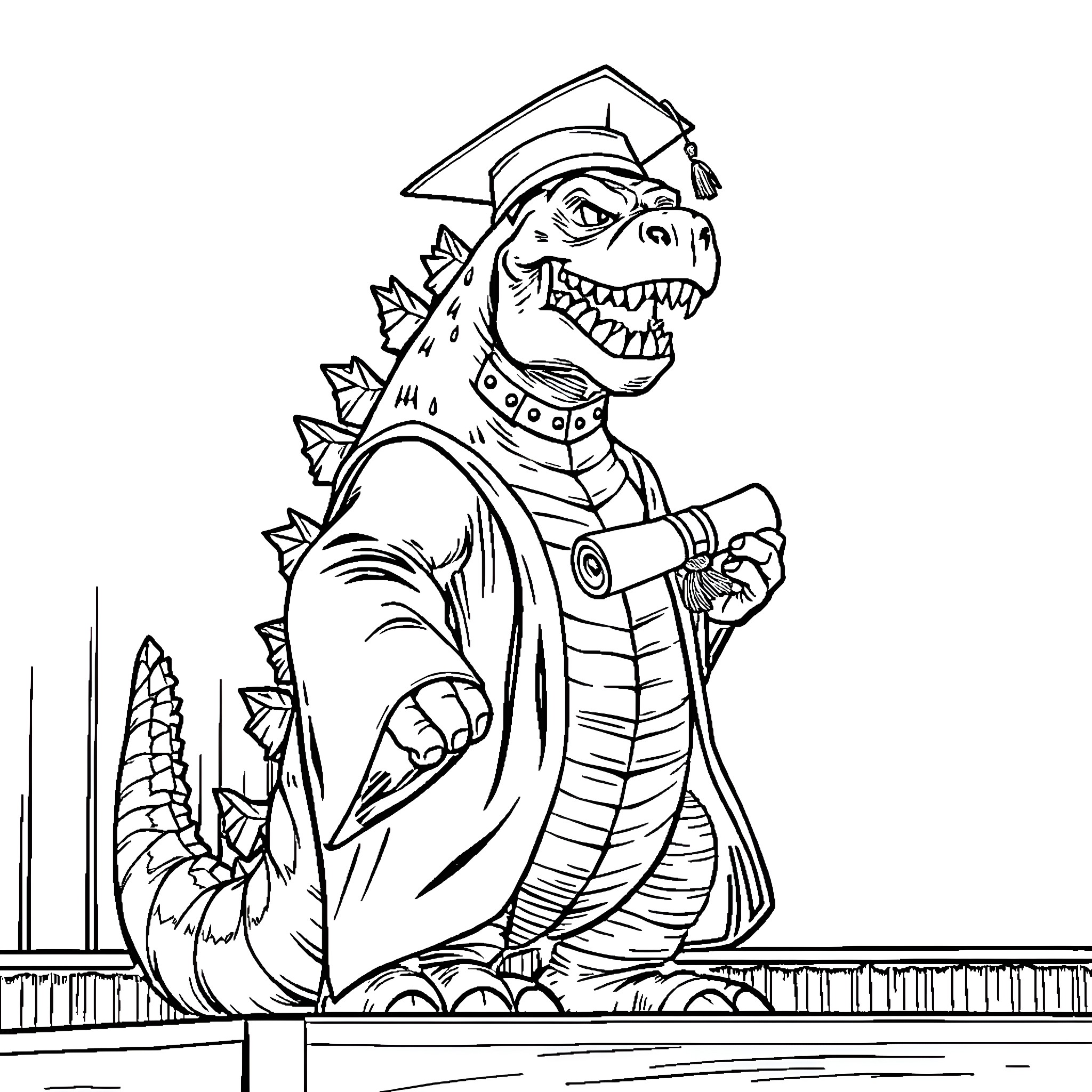 Godzilla Wearing Graduation Cap Coloring Page (free black-and-white line drawing printable PDF for all, from beginners to advanced learners, including children, teens, adults, and seniors)