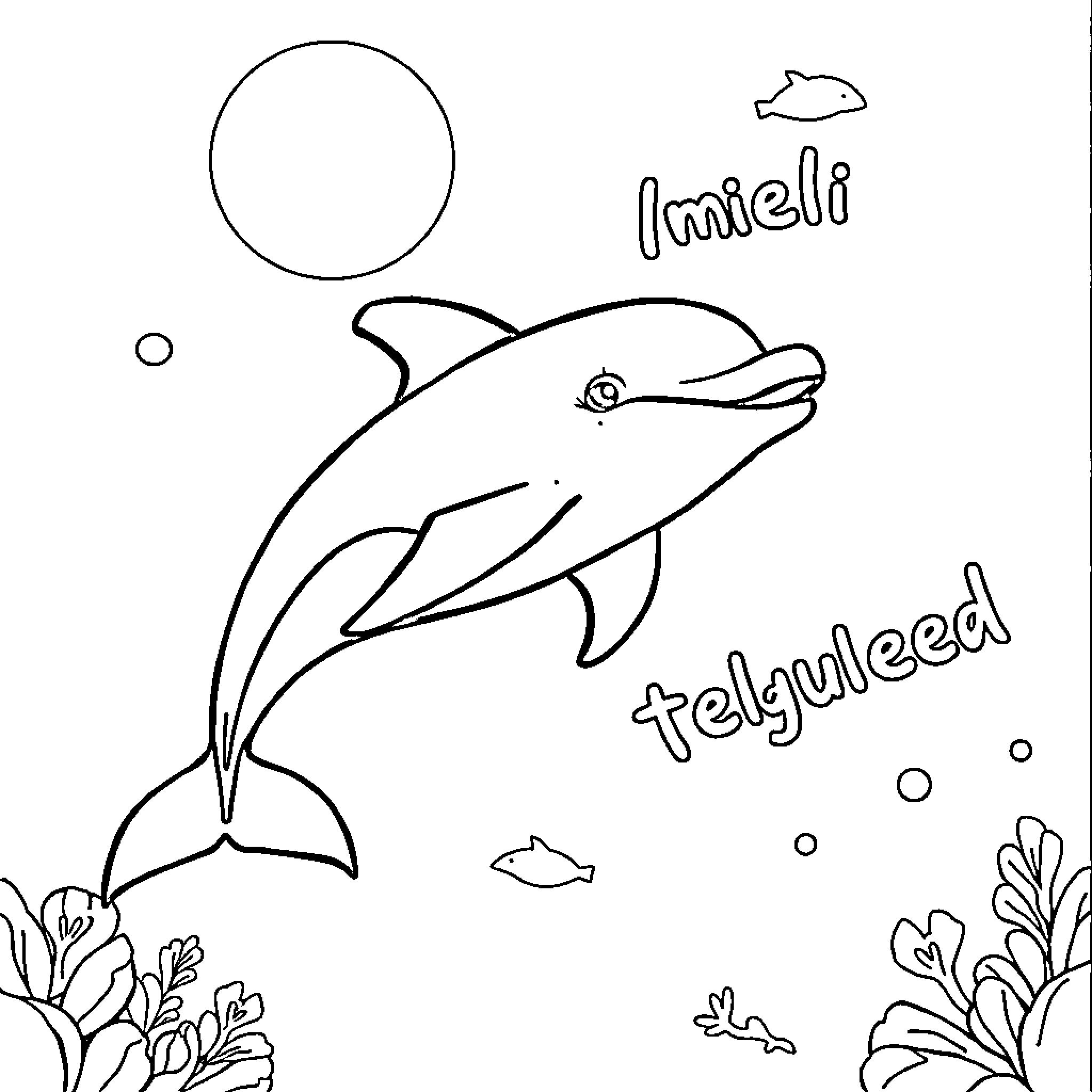 Dolphin swimming playfully in the ocean Coloring Page (free black-and-white line drawing printable PDF for all, from beginners to advanced learners, including children, teens, adults, and seniors)
