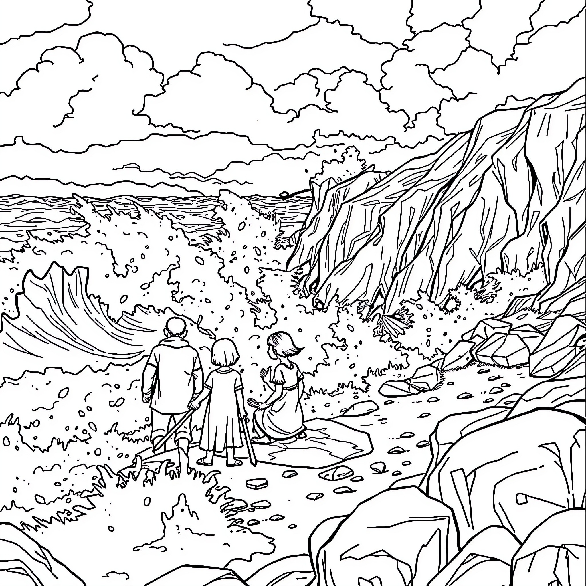 Famille exploring scenic mountain landscape Coloring Page (free black-and-white line drawing printable PDF for all, from beginners to advanced learners, including children, teens, adults, and seniors)