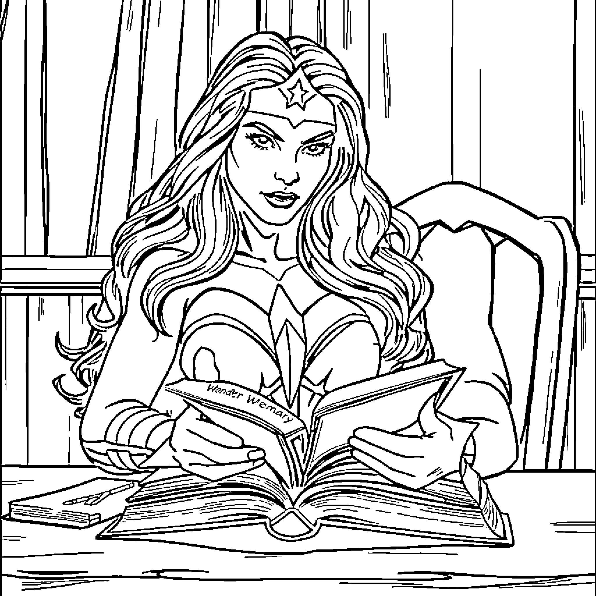 Wonder Woman Reading Magical Book Coloring Page (free black-and-white line drawing printable PDF for all, from beginners to advanced learners, including children, teens, adults, and seniors)