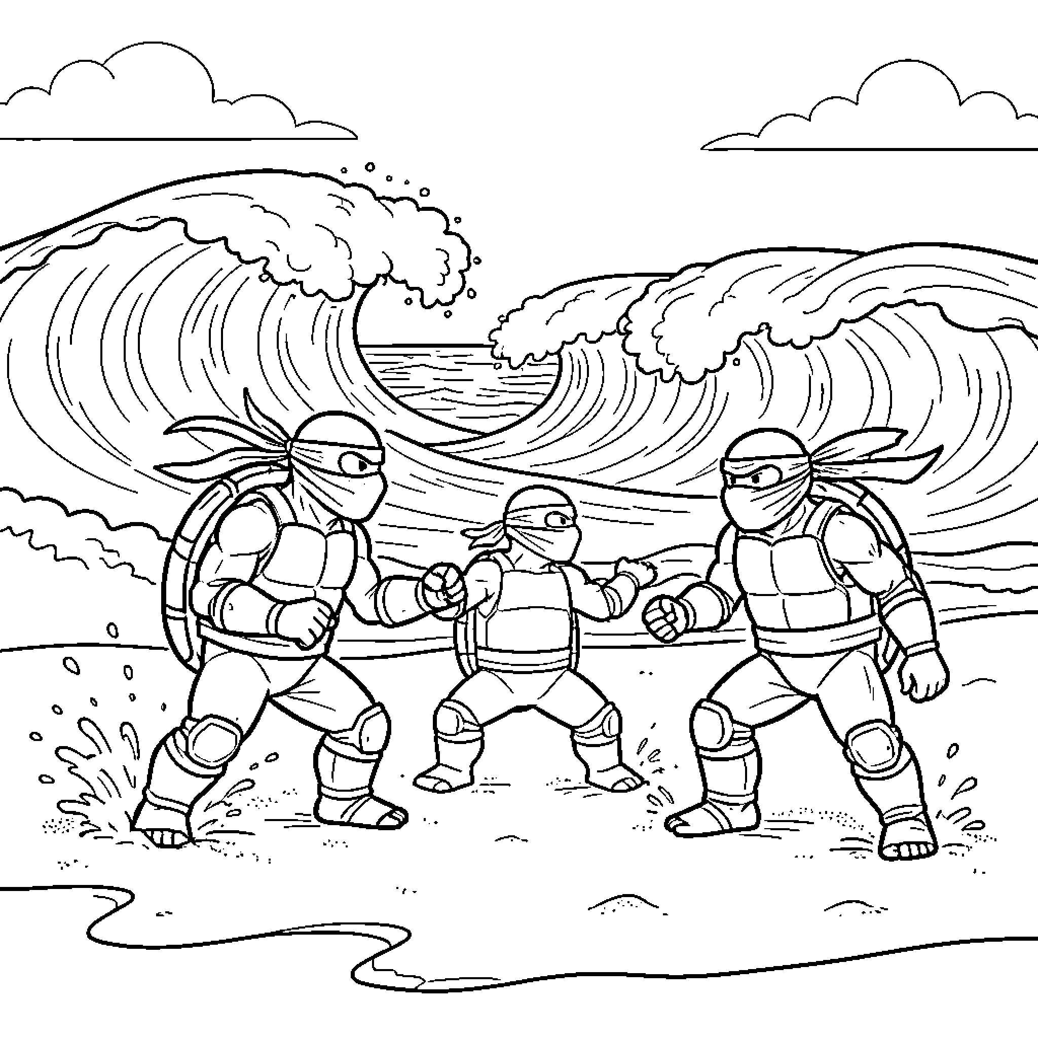 Turtle warriors fighting near large ocean waves Coloring Page (free black-and-white line drawing printable PDF for all, from beginners to advanced learners, including children, teens, adults, and seniors)
