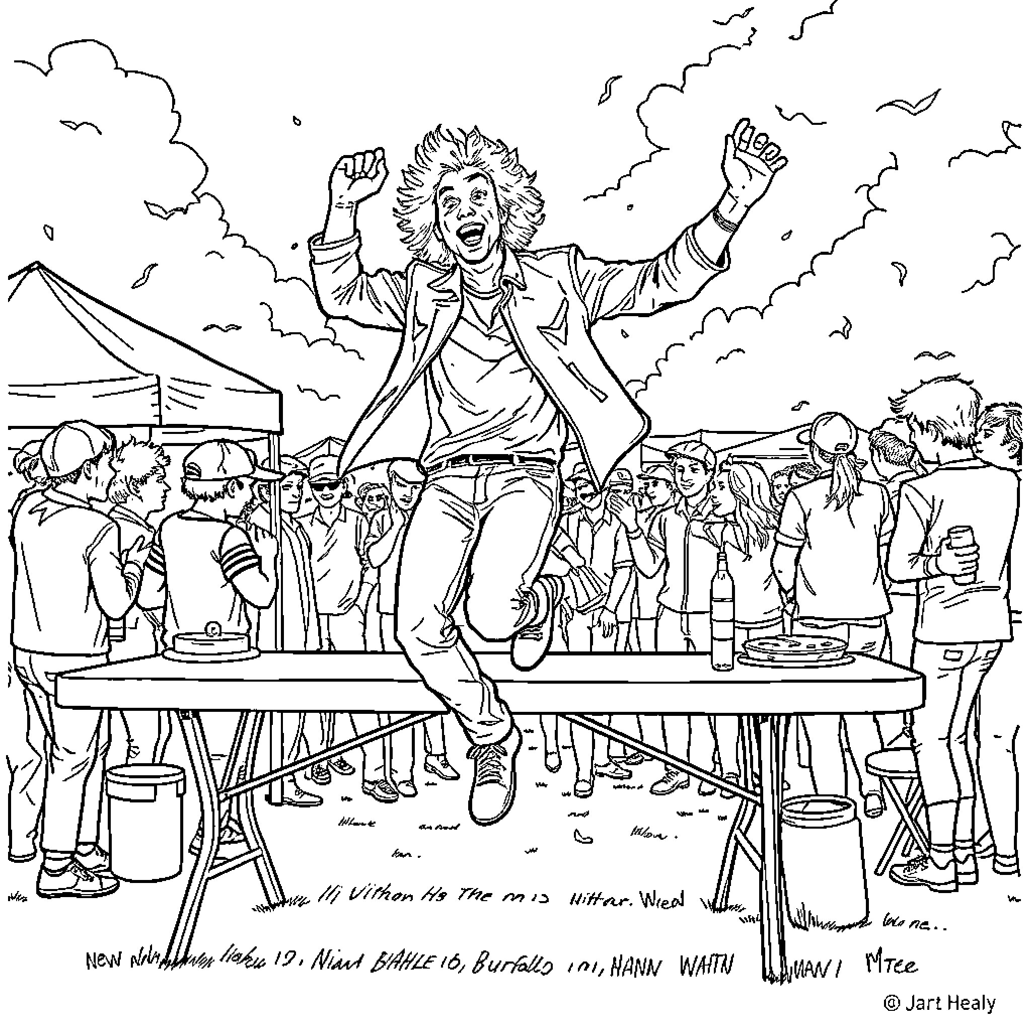 Matty Healy performing energetically on stage with crowd Coloring Page (free black-and-white line drawing printable PDF for all, from beginners to advanced learners, including children, teens, adults, and seniors)