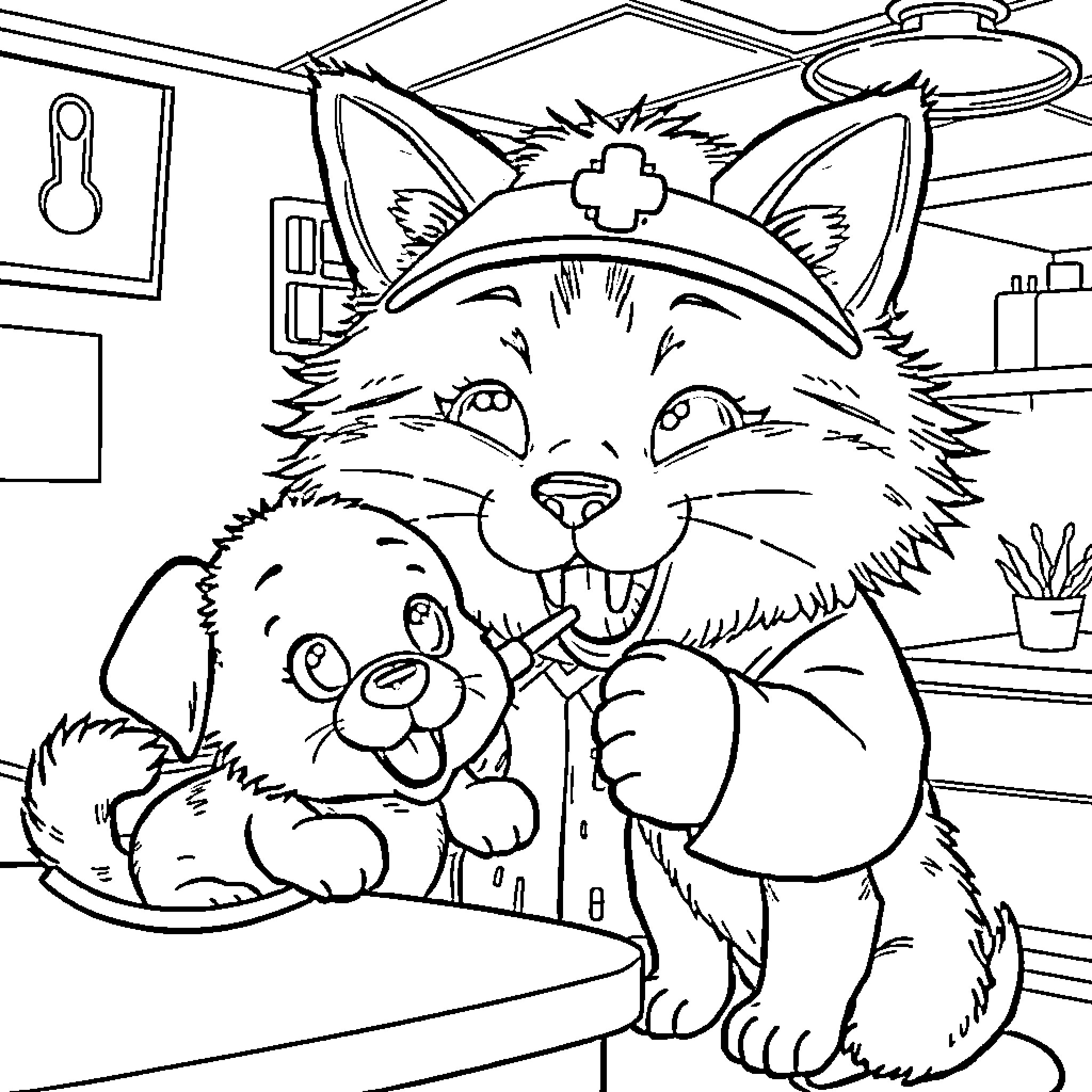 Cat Veterinarian Examining Puppy Coloring Page (free black-and-white line drawing printable PDF for all, from beginners to advanced learners, including children, teens, adults, and seniors)