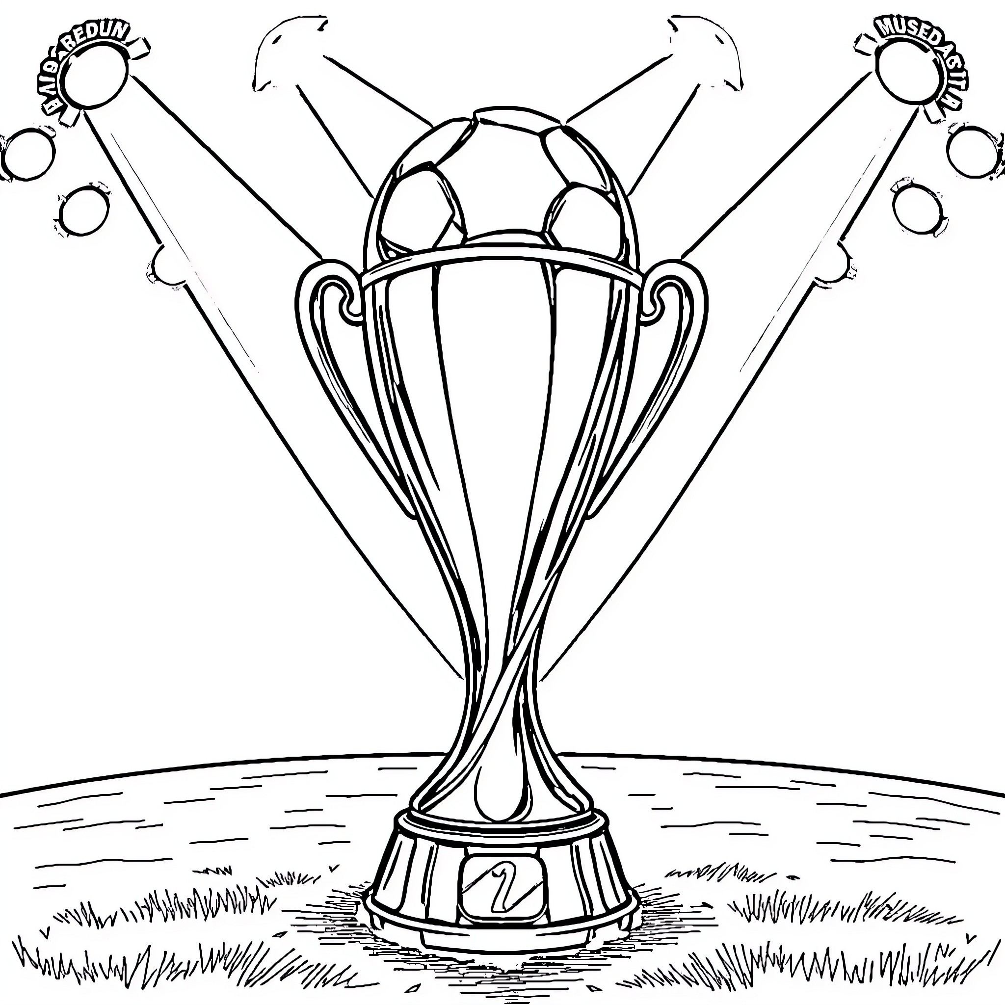 Copa Champions Trophy on Grass Field Coloring Page (free black-and-white line drawing printable PDF for all, from beginners to advanced learners, including children, teens, adults, and seniors)