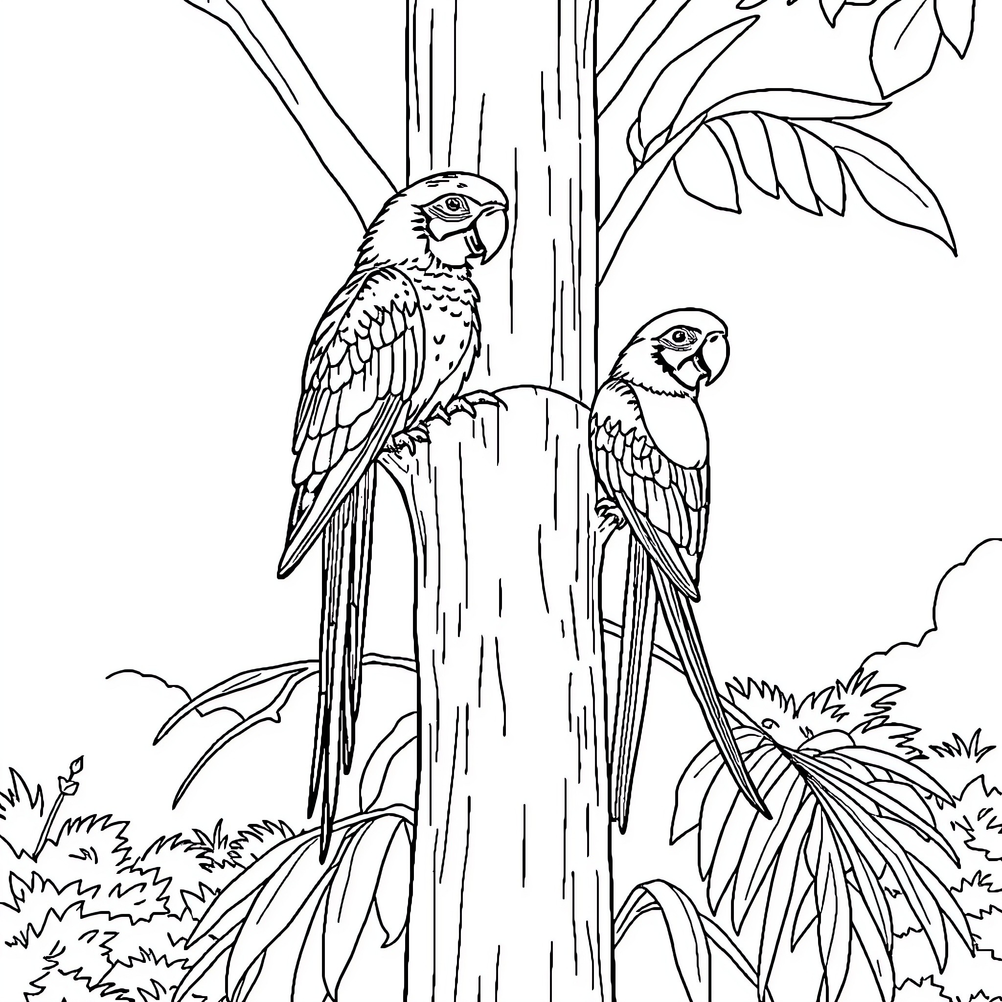 Parrot perched on tree branches in tropical setting Coloring Page (free black-and-white line drawing printable PDF for all, from beginners to advanced learners, including children, teens, adults, and seniors)