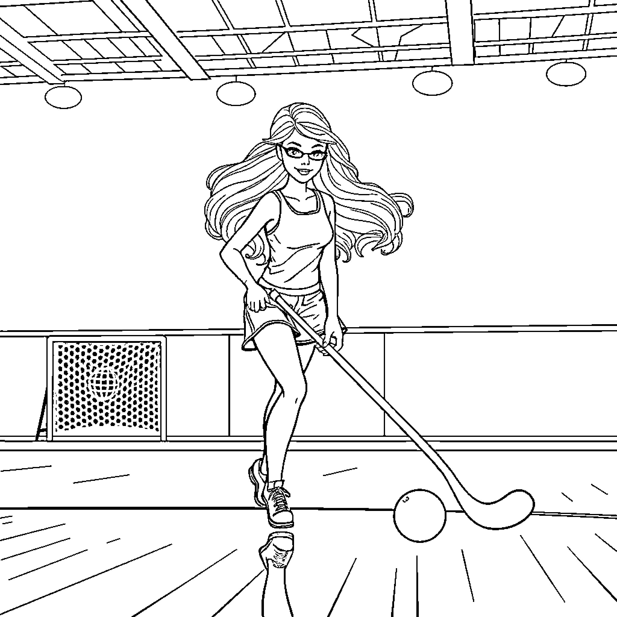 Barbie playing sports with racket Coloring Page (free black-and-white line drawing printable PDF for all, from beginners to advanced learners, including children, teens, adults, and seniors)