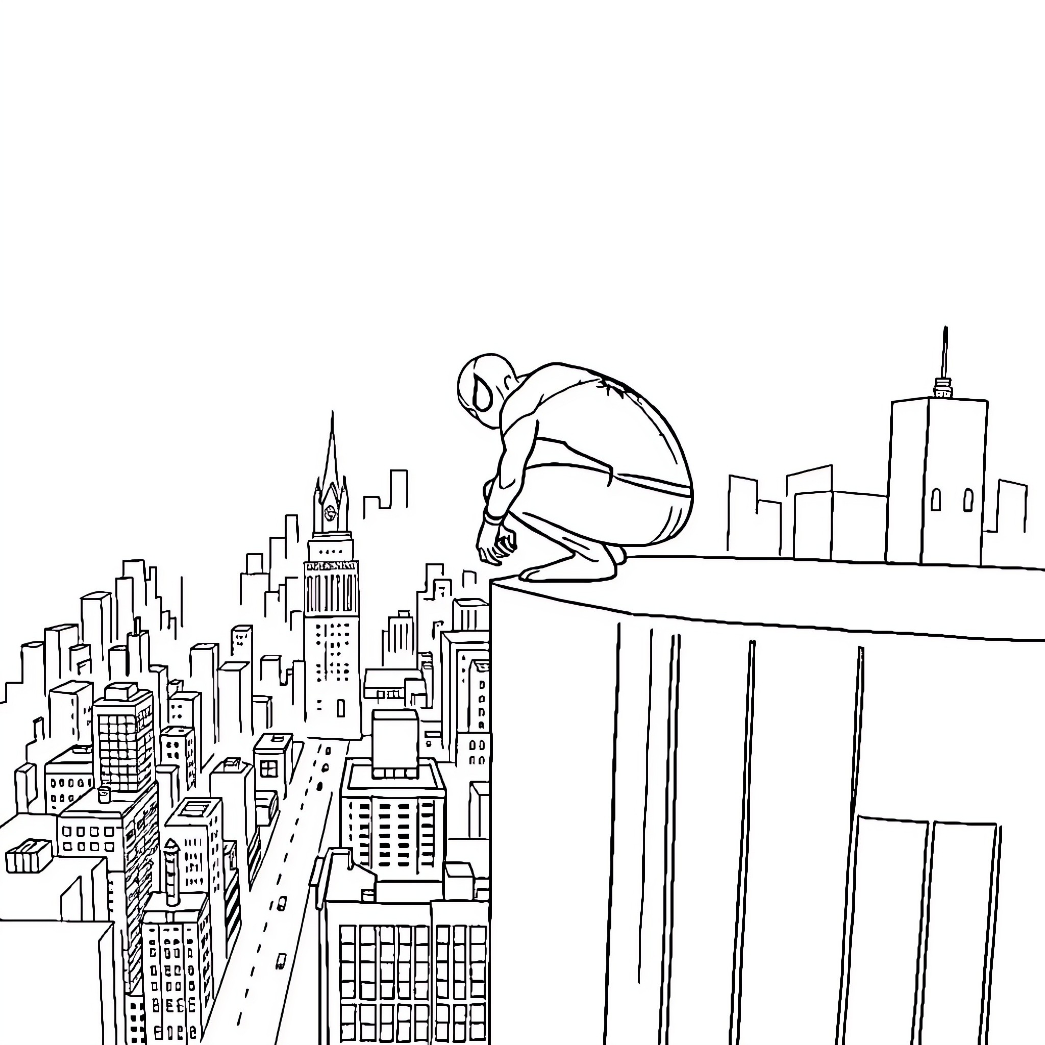 Spiderman swinging through the cityscape Coloring Page (free black-and-white line drawing printable PDF for all, from beginners to advanced learners, including children, teens, adults, and seniors)