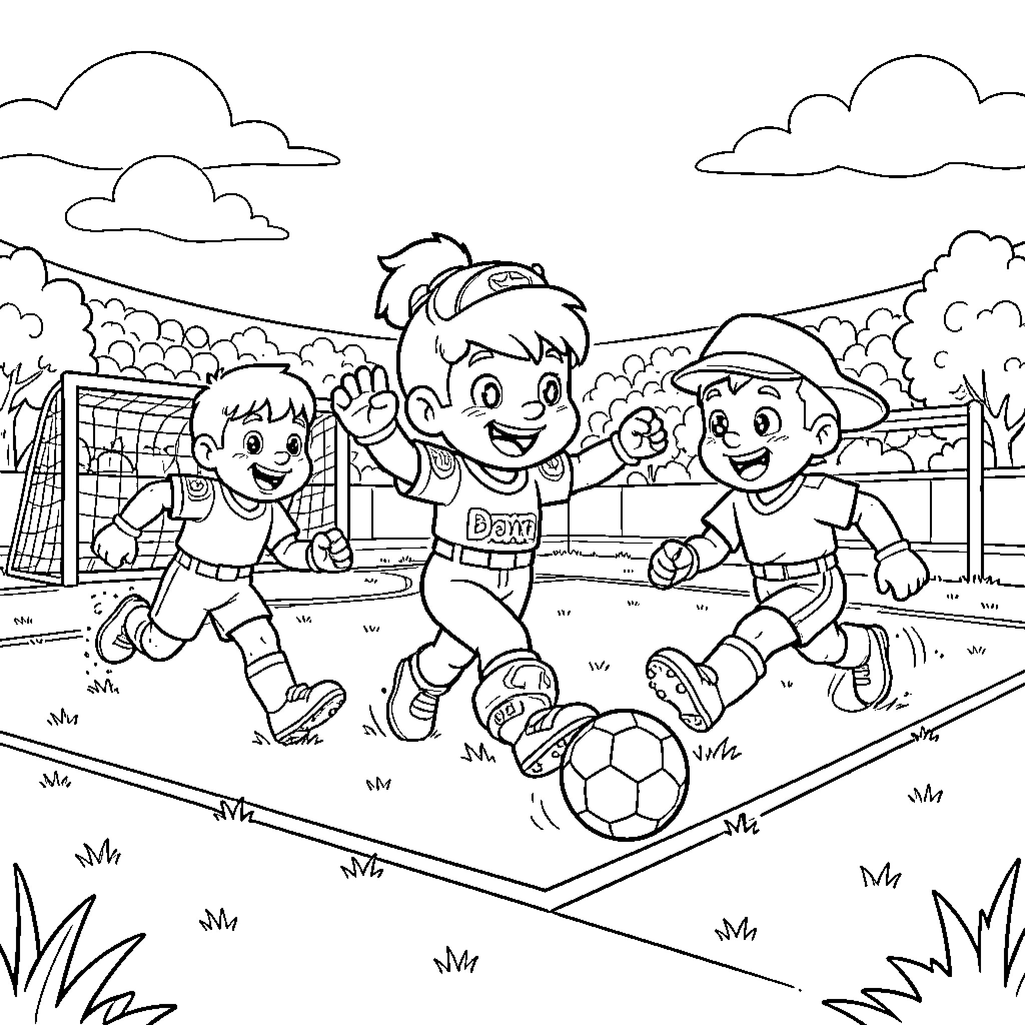 Paw Patrol characters playing soccer together on a field Coloring Page (free black-and-white line drawing printable PDF for all, from beginners to advanced learners, including children, teens, adults, and seniors)