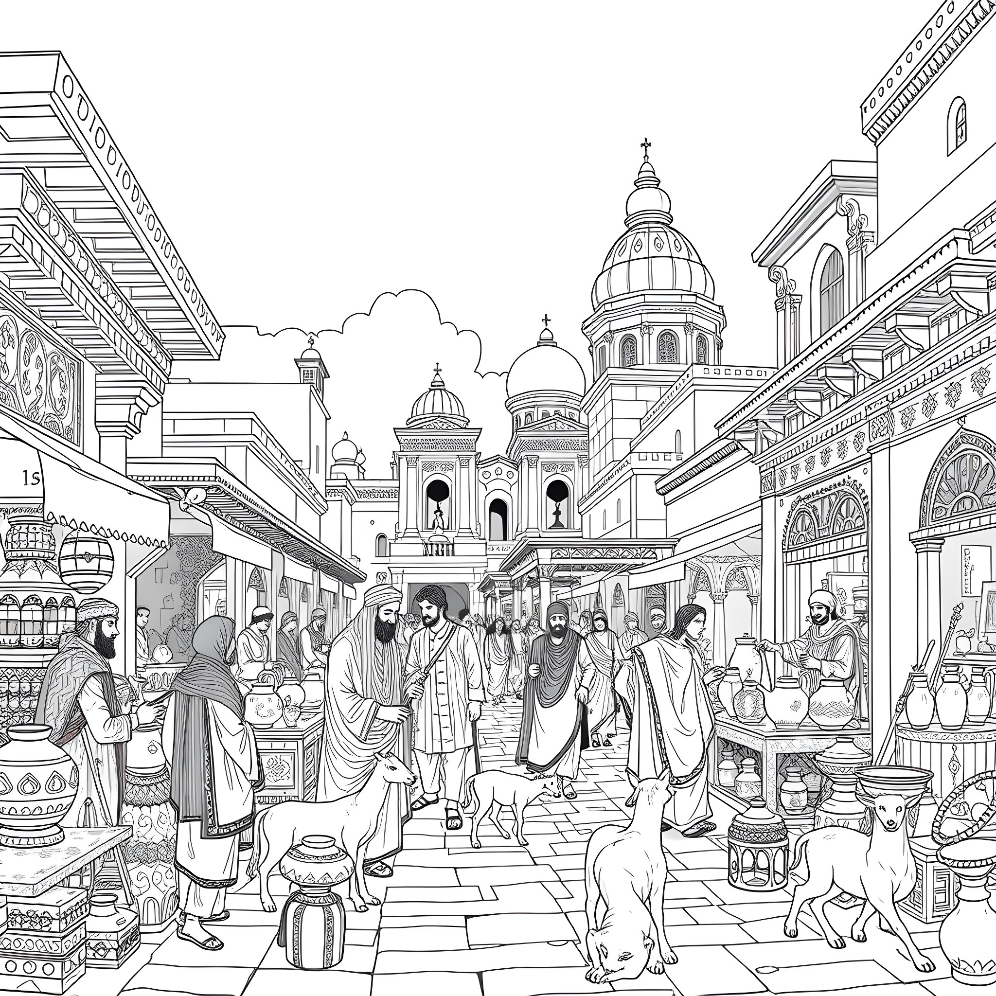 Life in a Bustling Marketplace of Ancient Times Coloring Page (free black-and-white line drawing printable PDF for all, from beginners to advanced learners, including children, teens, adults, and seniors)