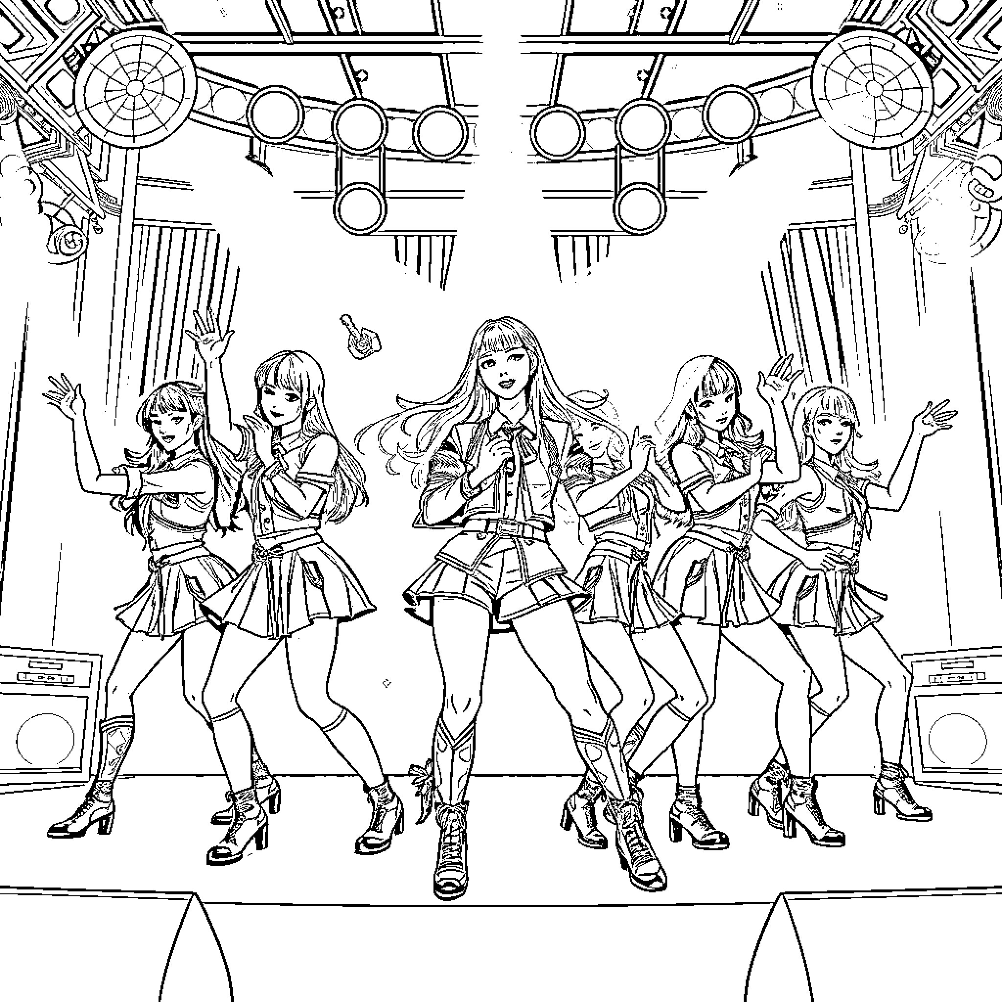 K-Pop Warriors Performing on Stage with Confidence Coloring Page (free black-and-white line drawing printable PDF for all, from beginners to advanced learners, including children, teens, adults, and seniors)