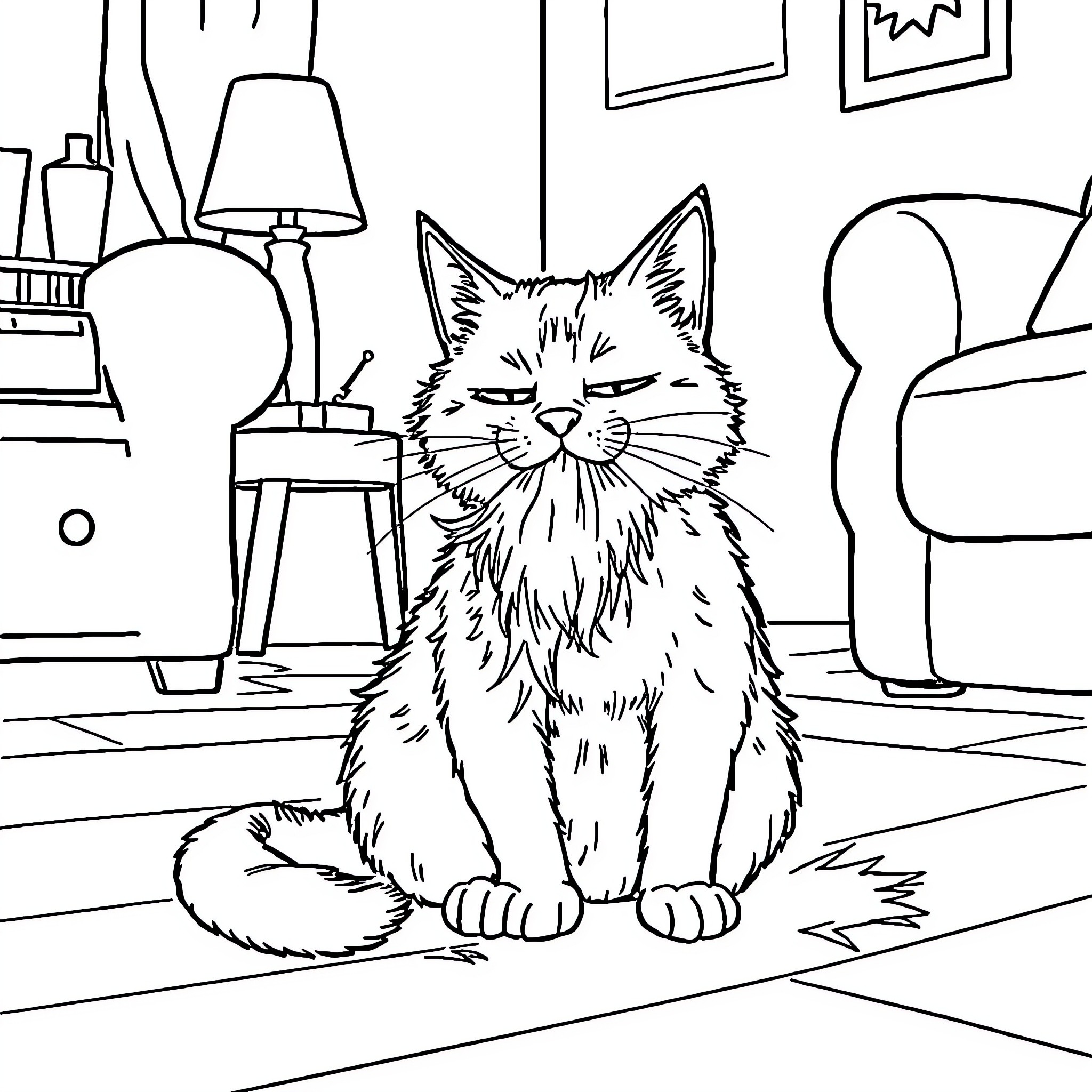 Cat lounging contentedly in cozy room Coloring Page (free black-and-white line drawing printable PDF for all, from beginners to advanced learners, including children, teens, adults, and seniors)