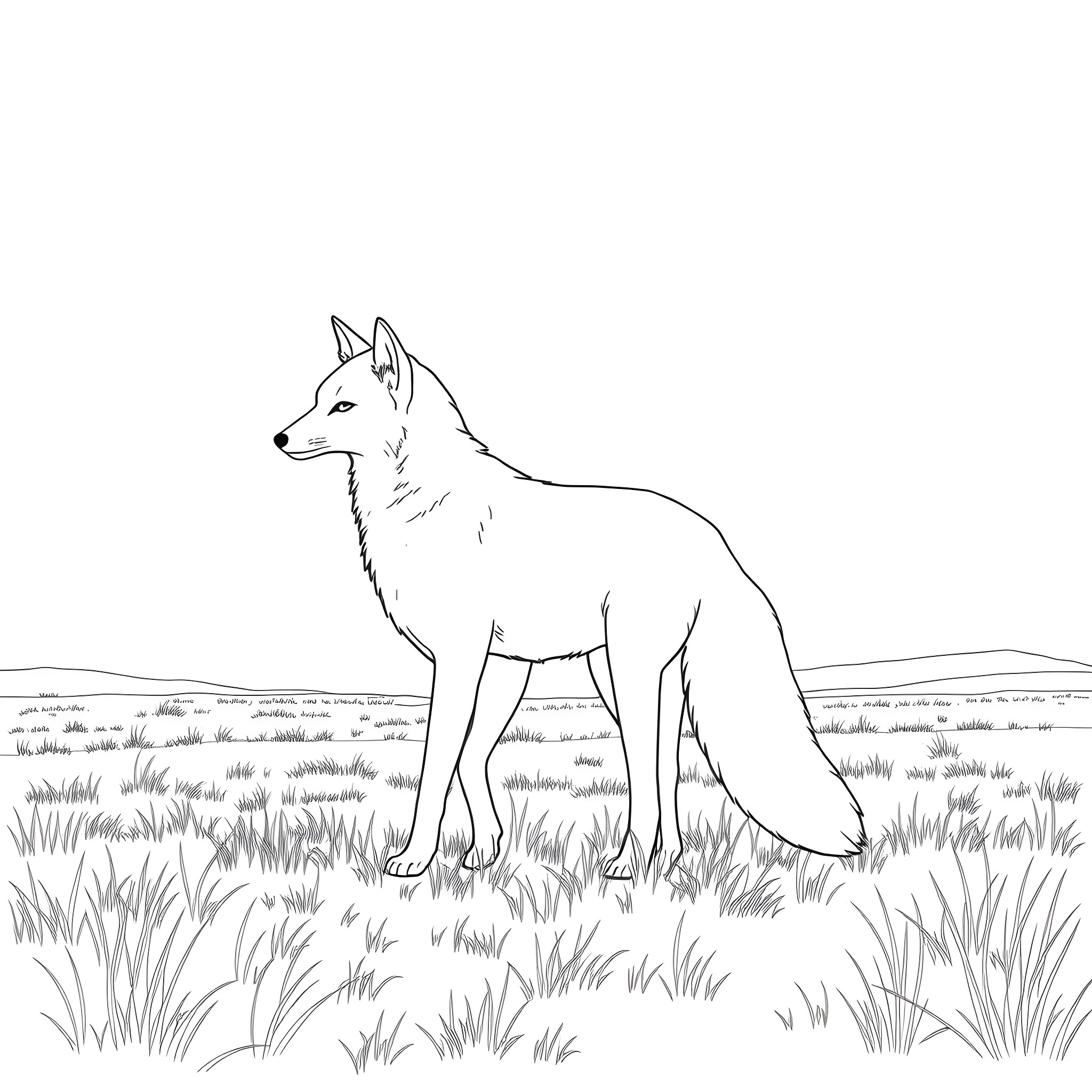 Fox standing alert in a grassy field Coloring Page (free black-and-white line drawing printable PDF for all, from beginners to advanced learners, including children, teens, adults, and seniors)