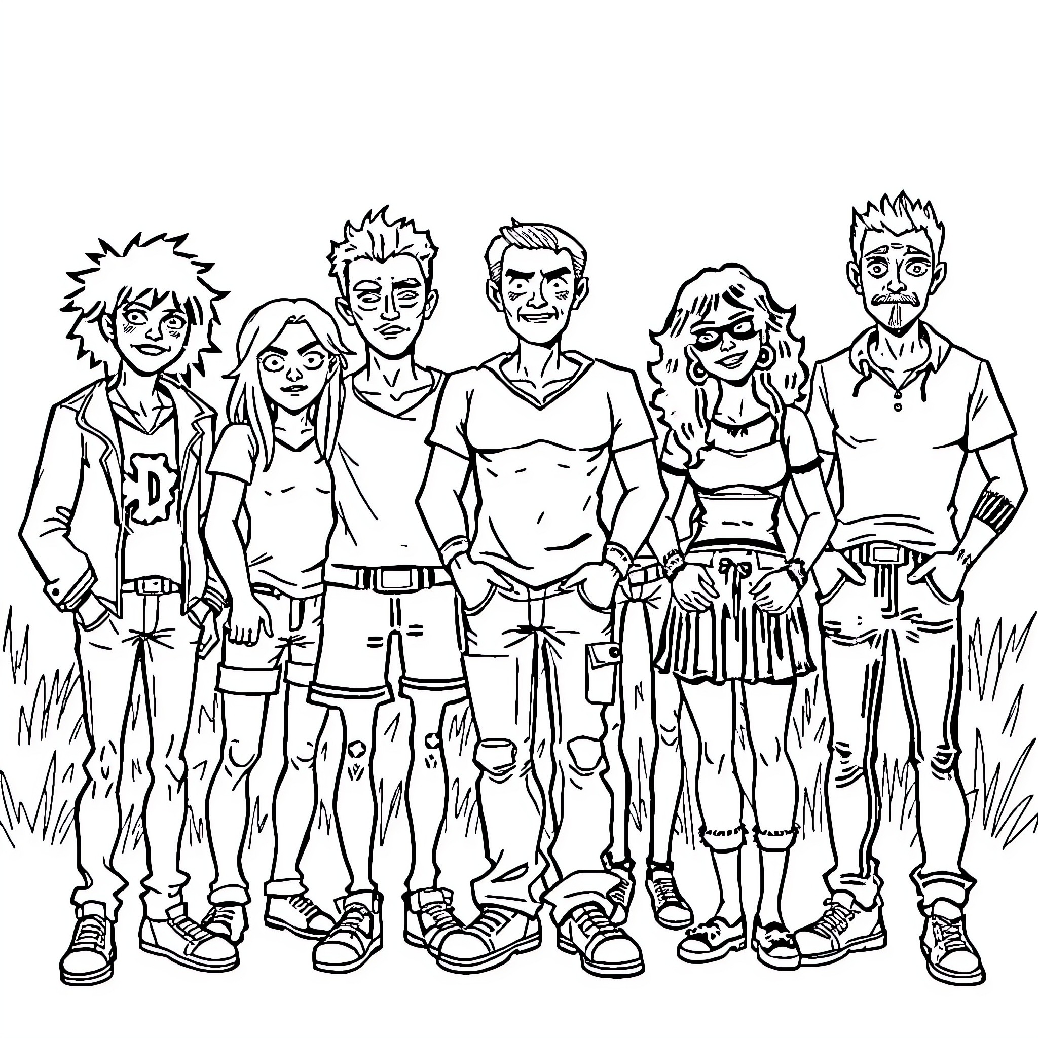 Misfit group of unique characters in casual outfits Coloring Page (free black-and-white line drawing printable PDF for all, from beginners to advanced learners, including children, teens, adults, and seniors)