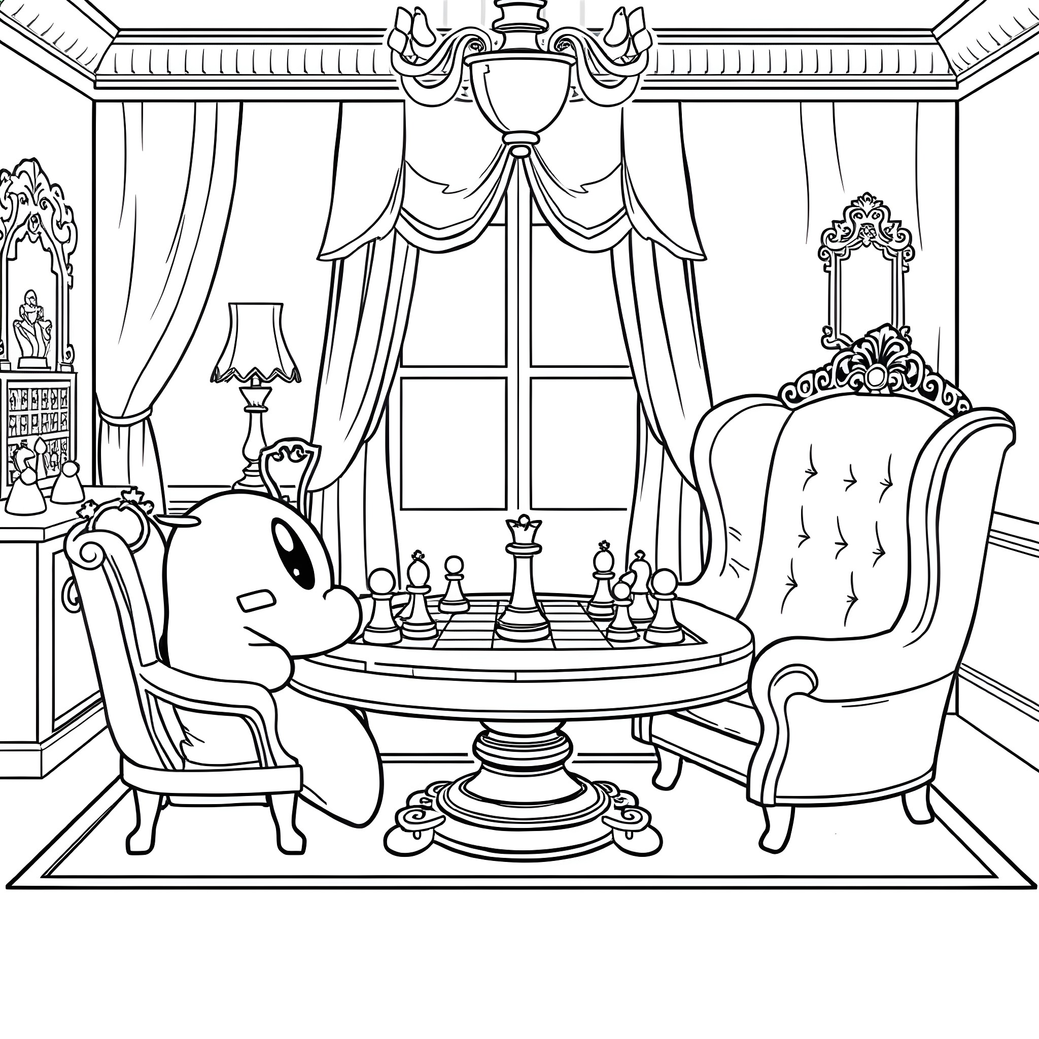 Kirby enjoying a game of chess in a regal setting Coloring Page (free black-and-white line drawing printable PDF for all, from beginners to advanced learners, including children, teens, adults, and seniors)