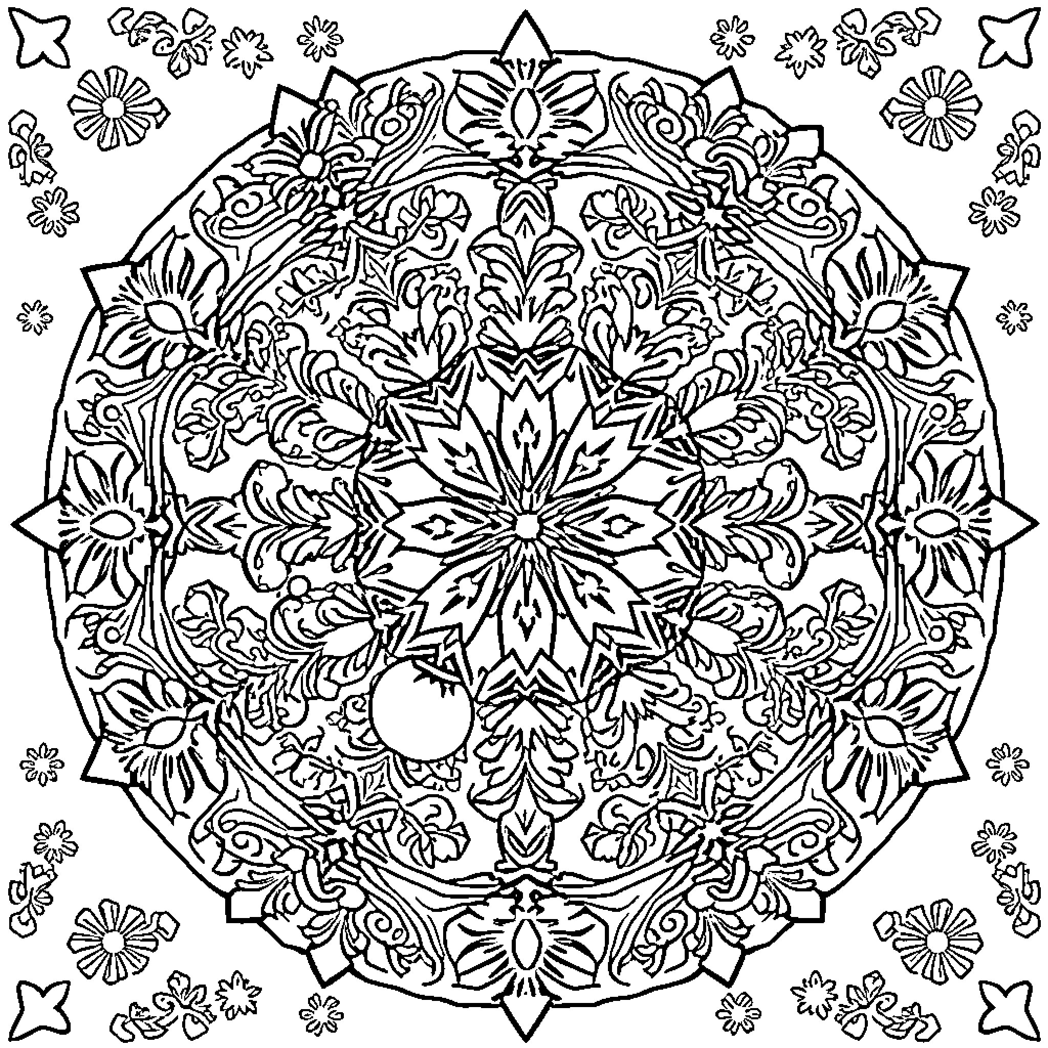 Mandala with intricate floral patterns and geometric designs Coloring Page (free black-and-white line drawing printable PDF for all, from beginners to advanced learners, including children, teens, adults, and seniors)
