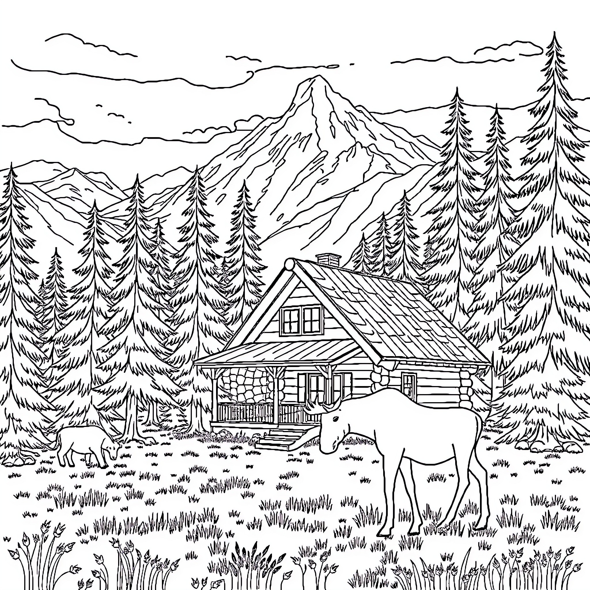 Log Cabin in Snowy Mountain Landscape Coloring Page (free black-and-white line drawing printable PDF for all, from beginners to advanced learners, including children, teens, adults, and seniors)