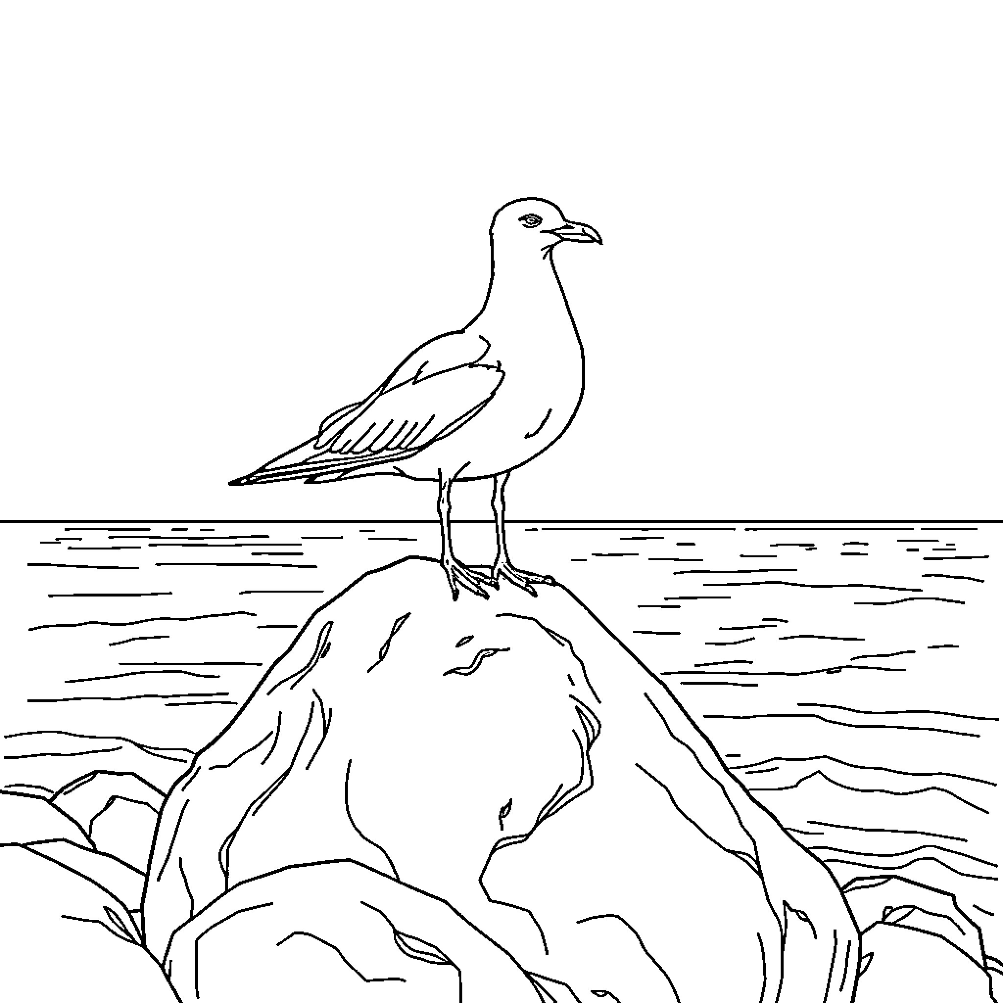 Seagull standing on a rocky shoreline Coloring Page (free black-and-white line drawing printable PDF for all, from beginners to advanced learners, including children, teens, adults, and seniors)