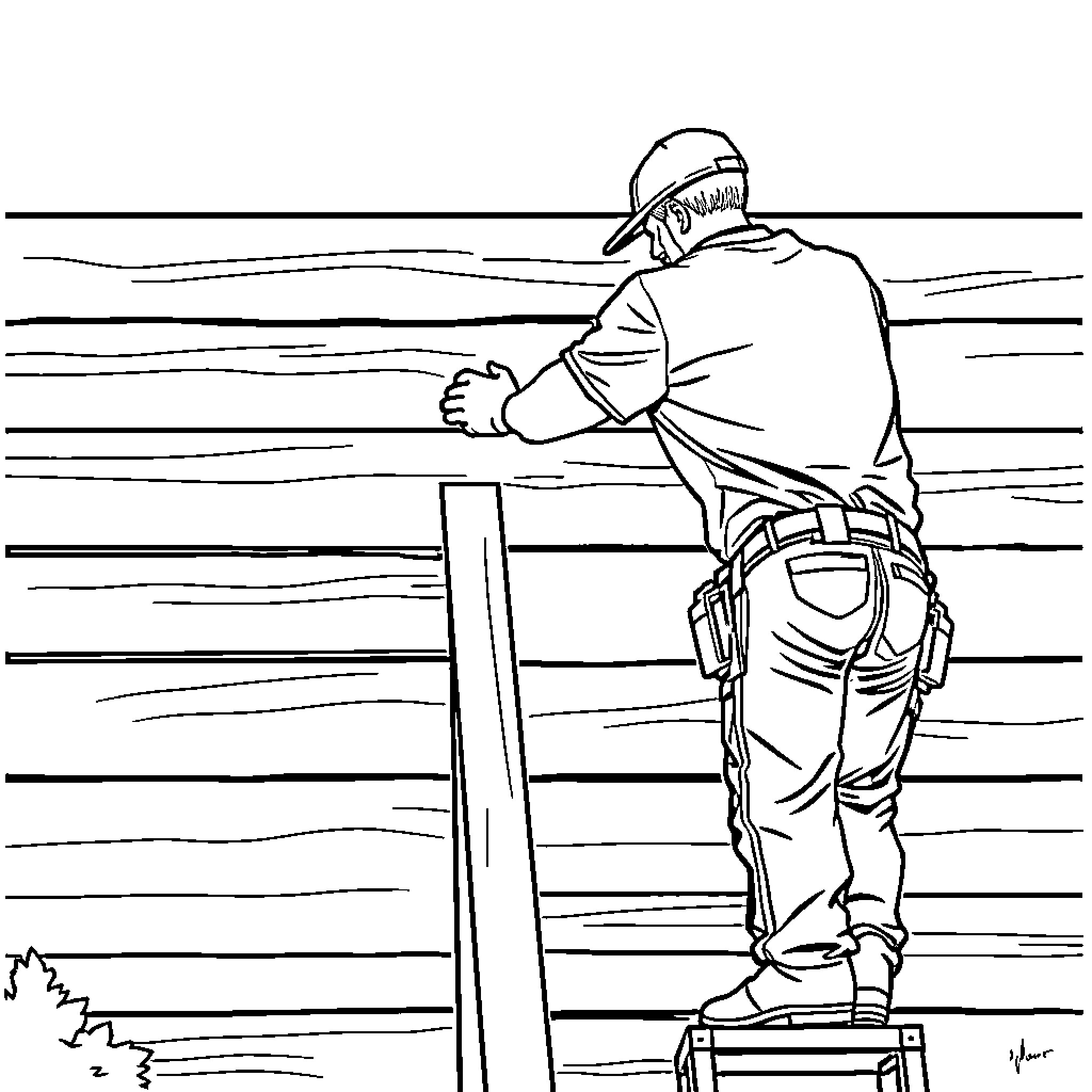 Siding Guy Installing Siding on a House Coloring Page (free black-and-white line drawing printable PDF for all, from beginners to advanced learners, including children, teens, adults, and seniors)