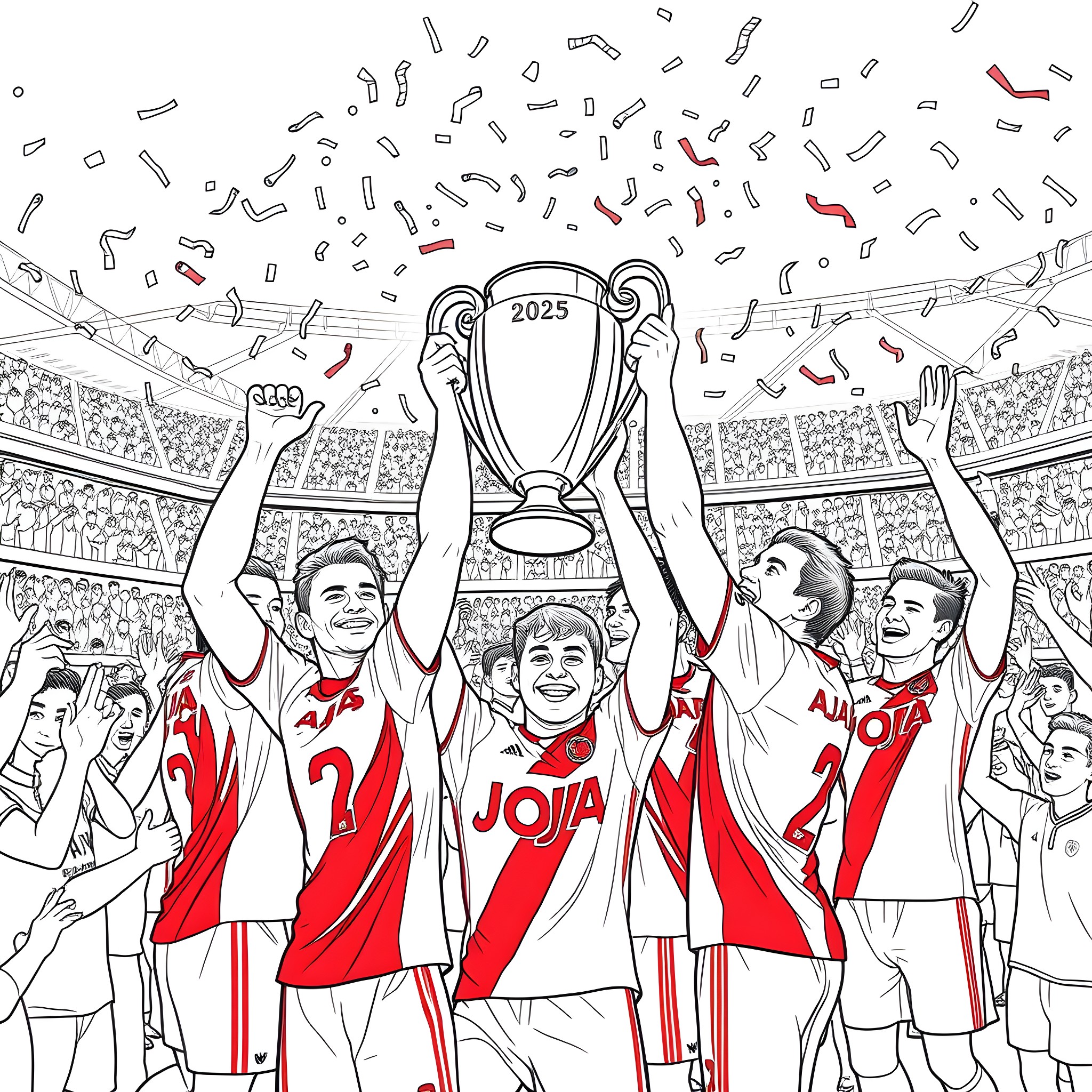 Ajax players triumphantly lift the 2025 trophy Coloring Page (free black-and-white line drawing printable PDF for all, from beginners to advanced learners, including children, teens, adults, and seniors)