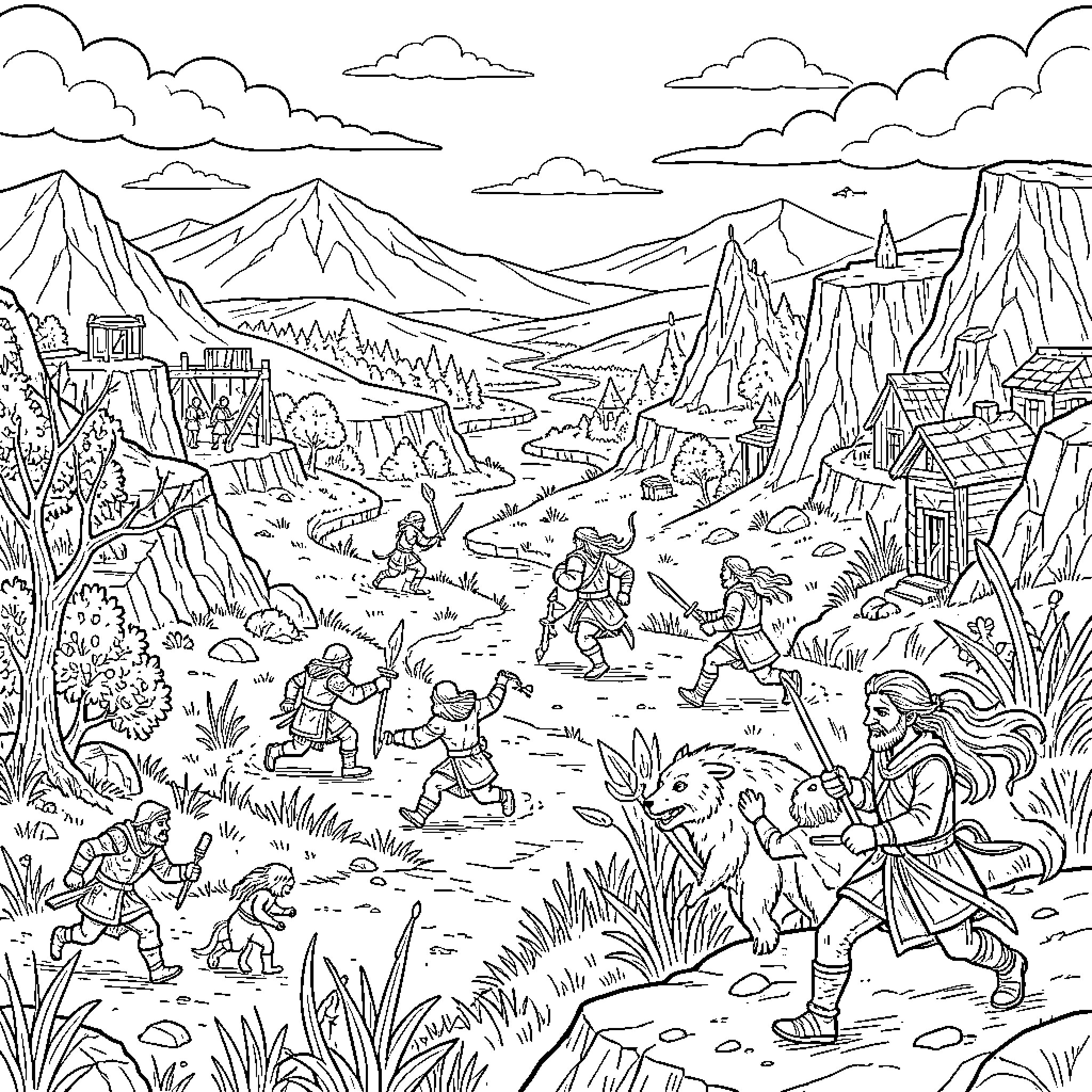 Quest of warriors navigating a rugged mountain landscape Coloring Page (free black-and-white line drawing printable PDF for all, from beginners to advanced learners, including children, teens, adults, and seniors)