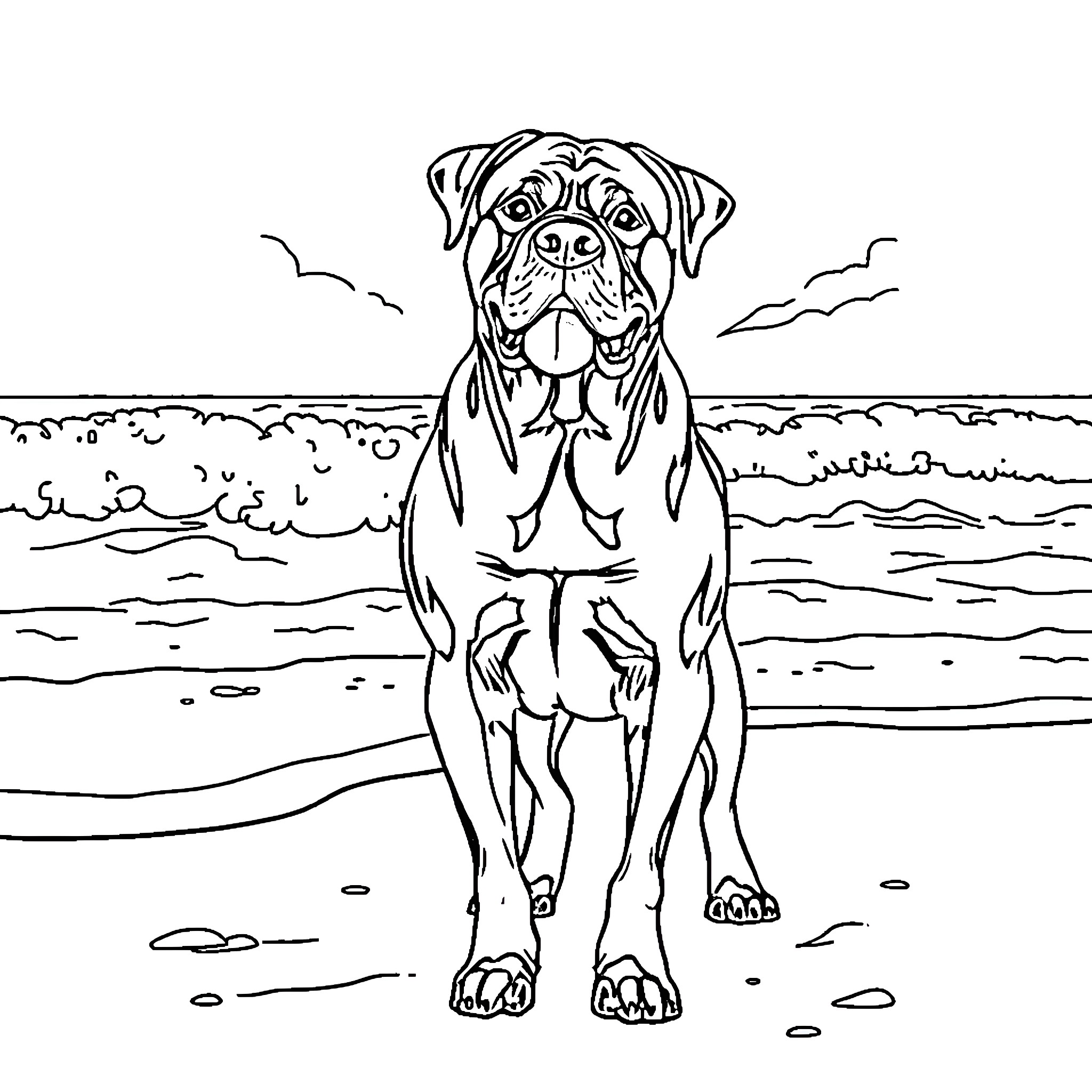 Rottweiler relaxing on the beach Coloring Page (free black-and-white line drawing printable PDF for all, from beginners to advanced learners, including children, teens, adults, and seniors)