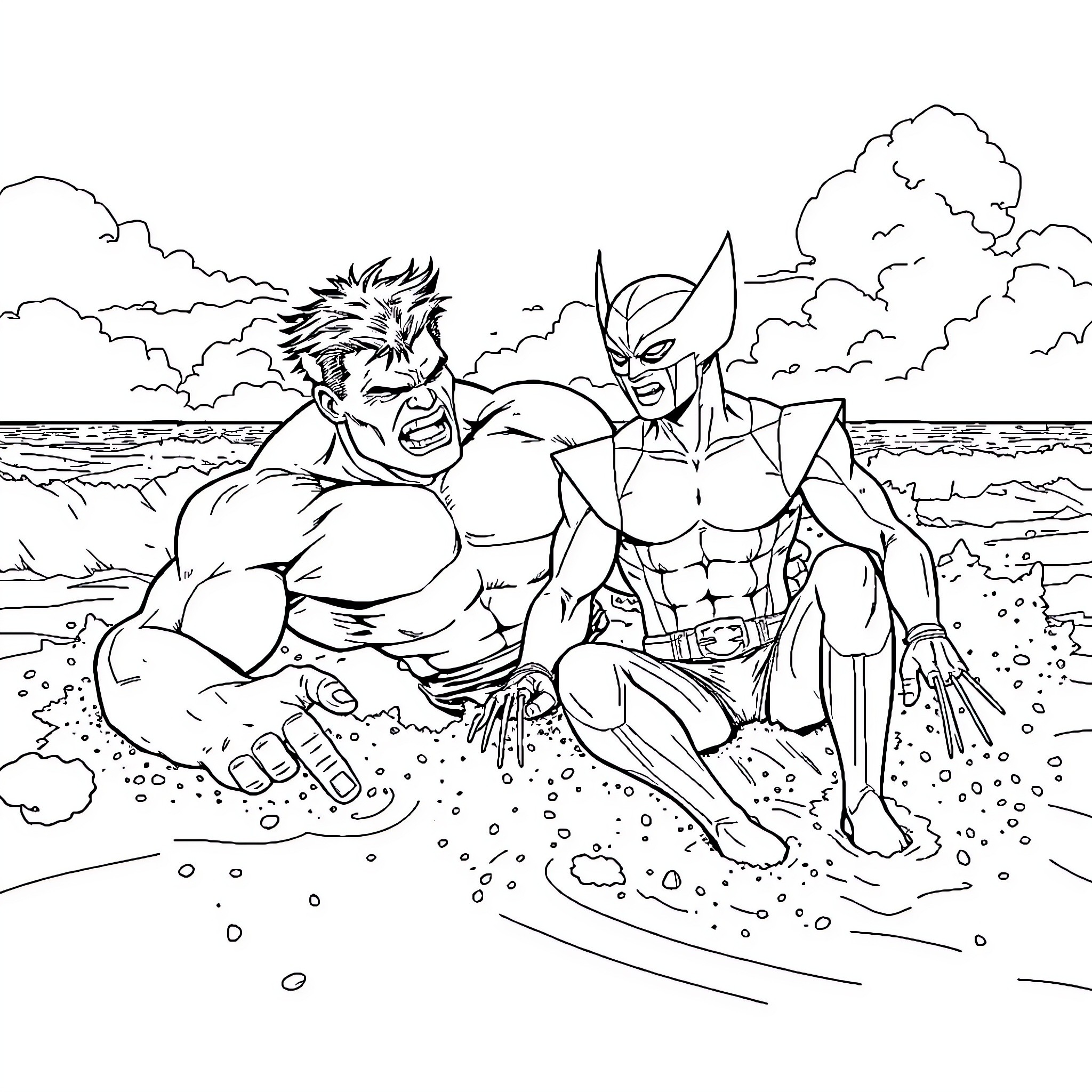 Hulk and Wolverine battling on the beach Coloring Page (free black-and-white line drawing printable PDF for all, from beginners to advanced learners, including children, teens, adults, and seniors)
