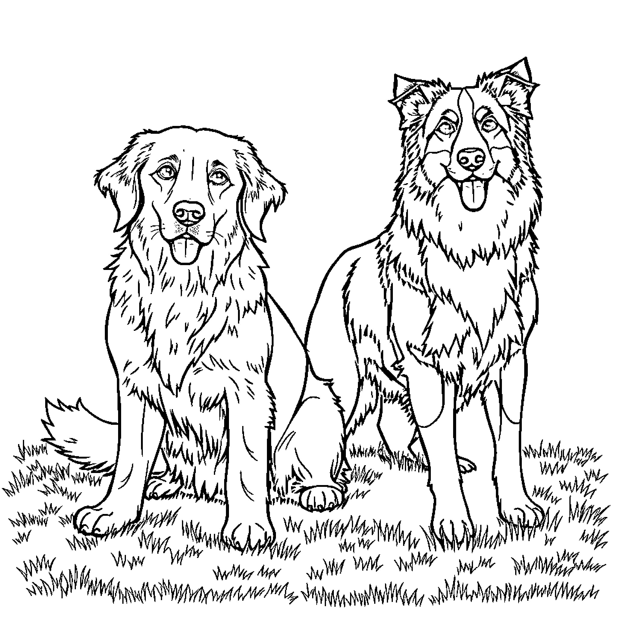 Dog duo exploring the outdoors together Coloring Page (free black-and-white line drawing printable PDF for all, from beginners to advanced learners, including children, teens, adults, and seniors)