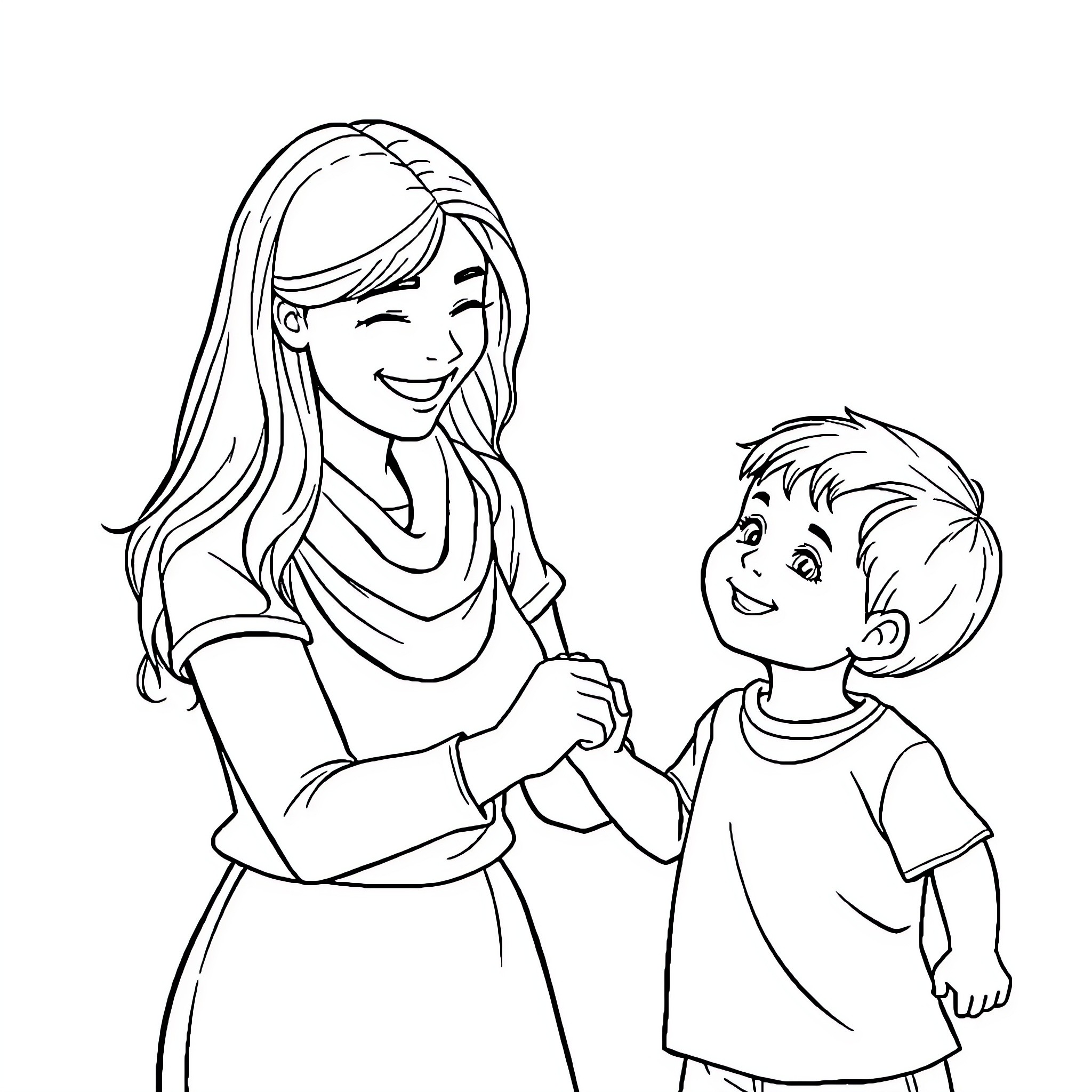 Mom and child enjoying quality time together Coloring Page (free black-and-white line drawing printable PDF for all, from beginners to advanced learners, including children, teens, adults, and seniors)