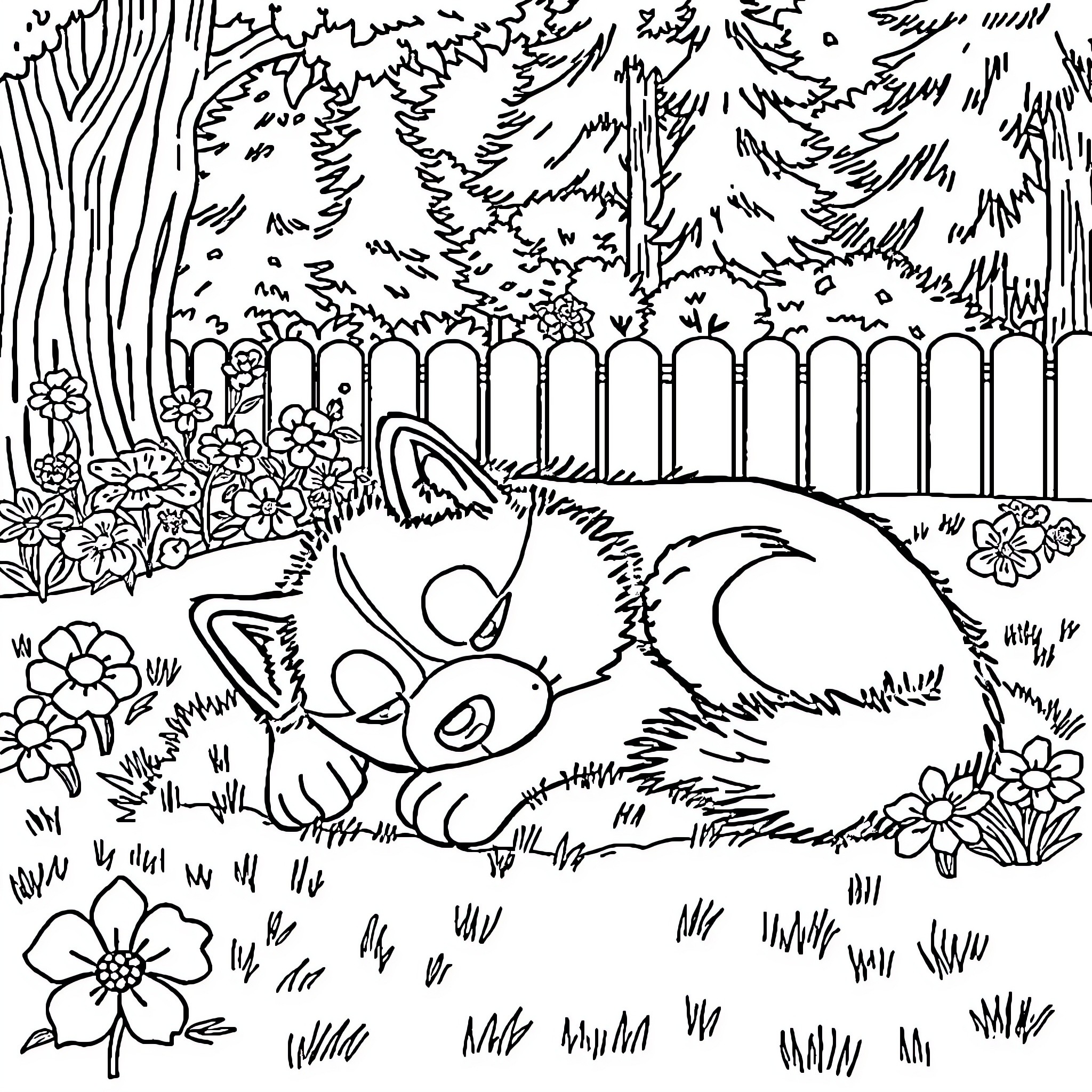 Kaido's Peaceful Slumber in the Enchanted Forest Coloring Page (free black-and-white line drawing printable PDF for all, from beginners to advanced learners, including children, teens, adults, and seniors)
