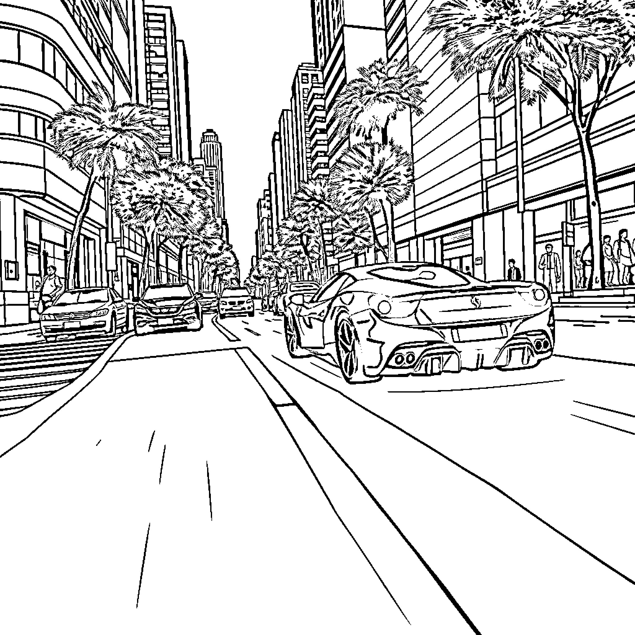 Ferrari racing through a futuristic city Coloring Page (free black-and-white line drawing printable PDF for all, from beginners to advanced learners, including children, teens, adults, and seniors)