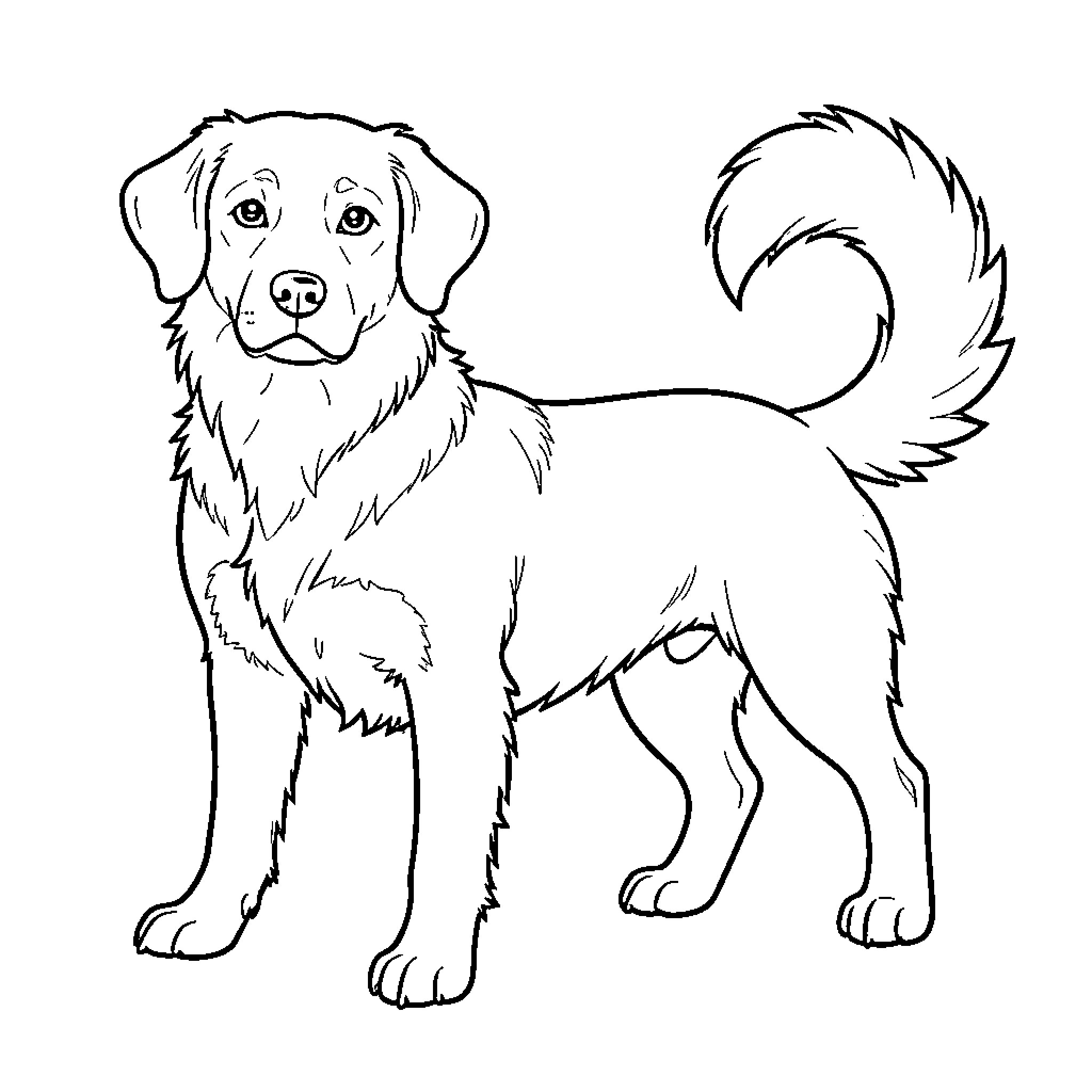 Dog standing calmly and looking forward Coloring Page (free black-and-white line drawing printable PDF for all, from beginners to advanced learners, including children, teens, adults, and seniors)