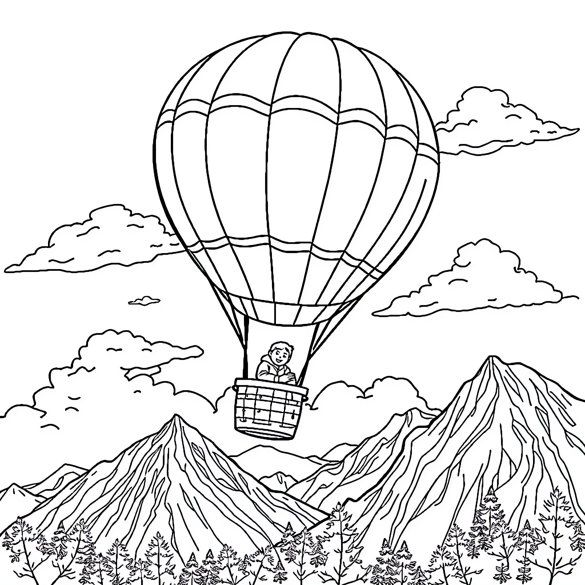 Hot Air Balloon Soaring Over Scenic Mountain Landscape Coloring Page (free black-and-white line drawing printable PDF for all, from beginners to advanced learners, including children, teens, adults, and seniors)