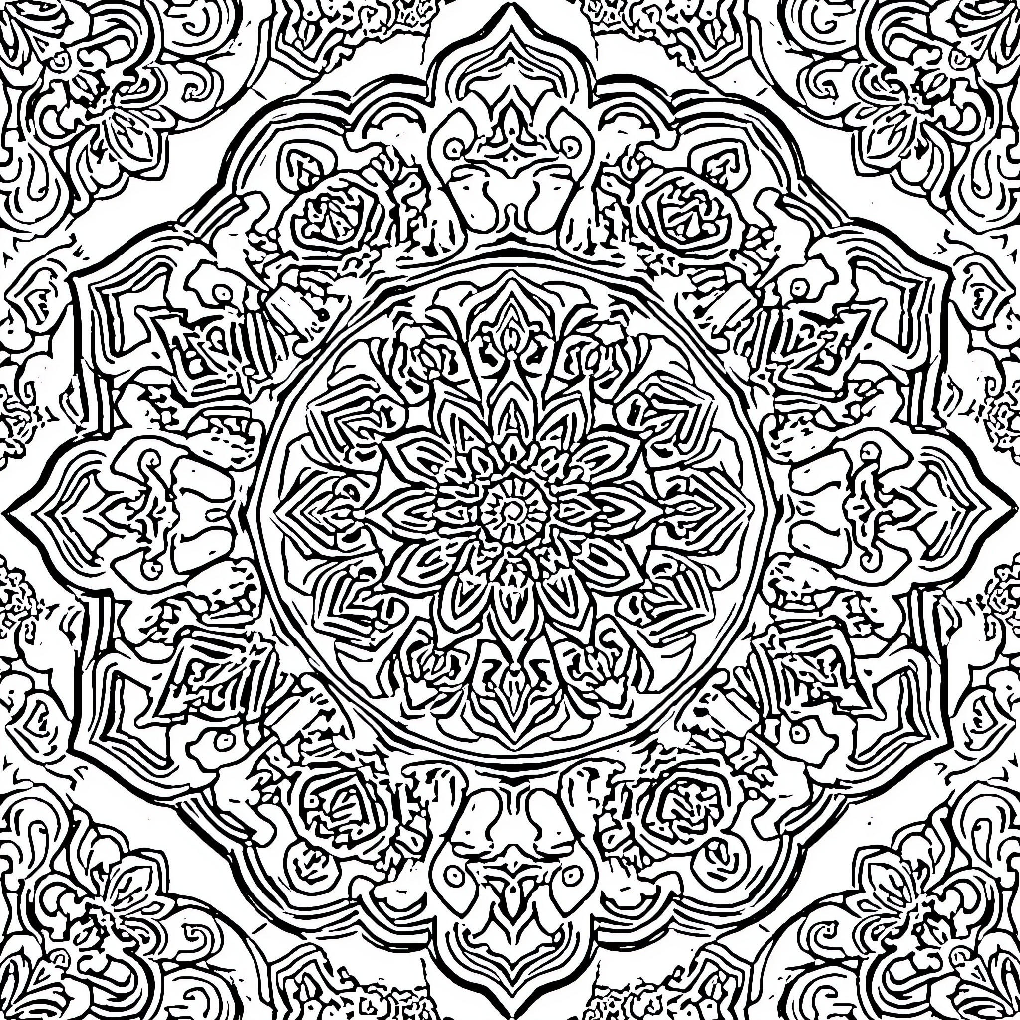 Mandala with intricate floral and geometric patterns Coloring Page (free black-and-white line drawing printable PDF for all, from beginners to advanced learners, including children, teens, adults, and seniors)