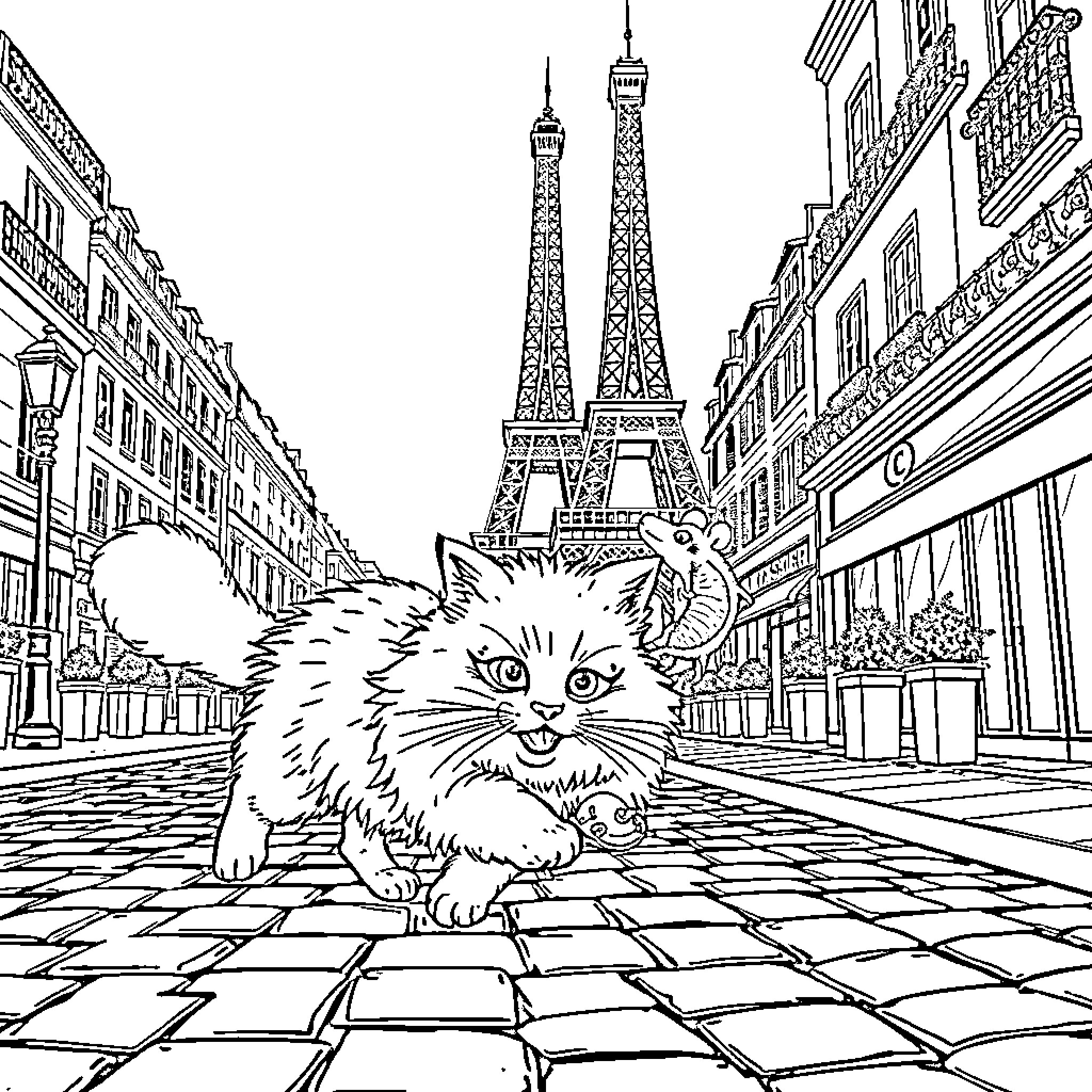Cat exploring the streets of Paris Coloring Page (free black-and-white line drawing printable PDF for all, from beginners to advanced learners, including children, teens, adults, and seniors)