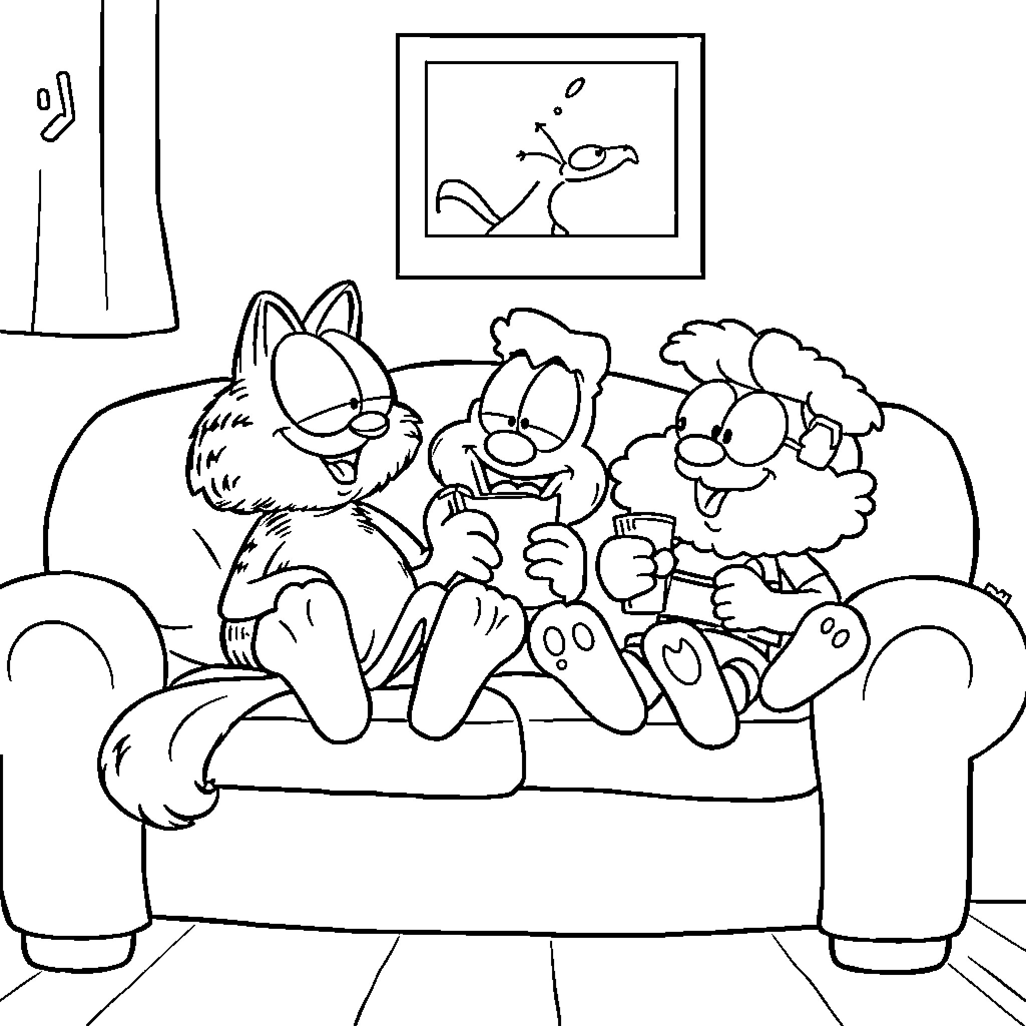 Garfield Relaxing with Friends on the Couch Coloring Page (free black-and-white line drawing printable PDF for all, from beginners to advanced learners, including children, teens, adults, and seniors)