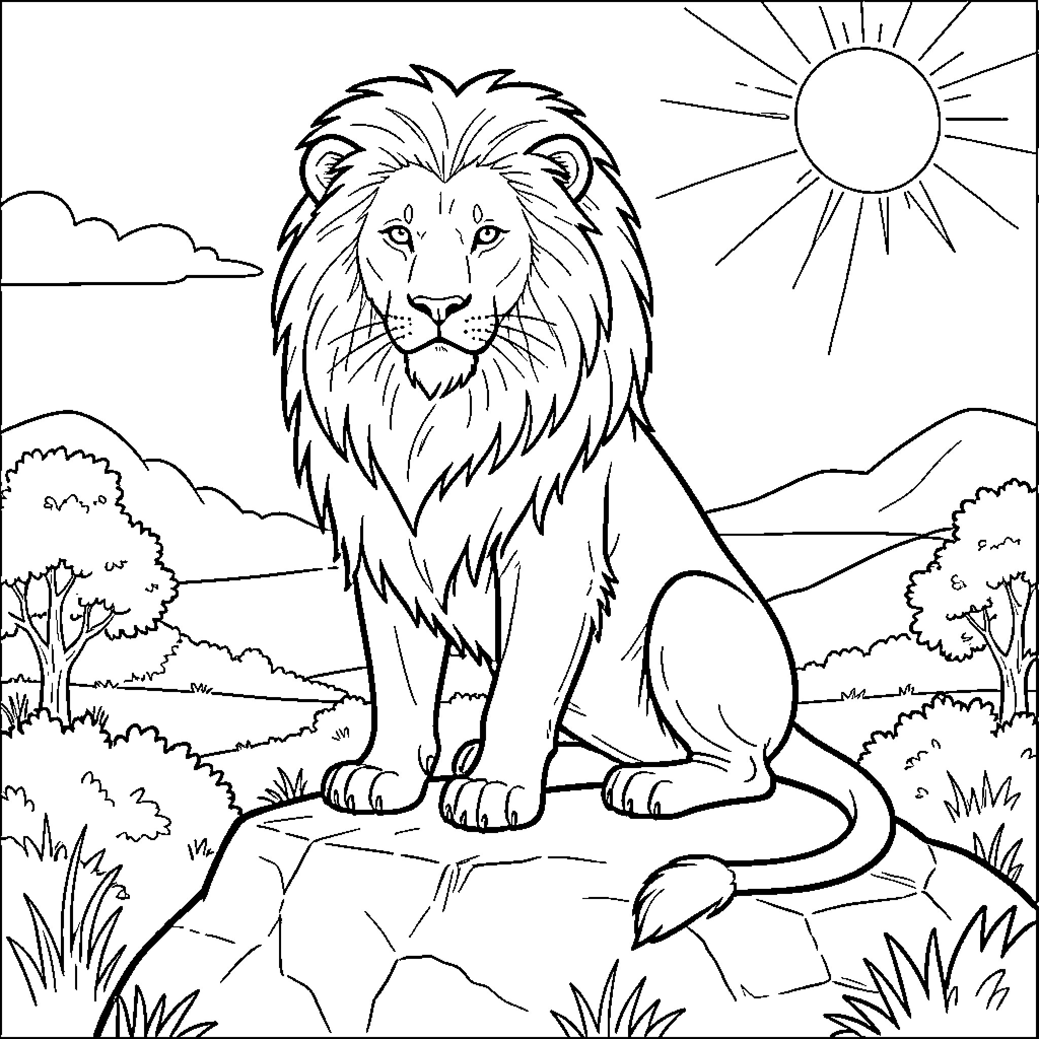 Lion sitting majestically in the wild landscape Coloring Page (free black-and-white line drawing printable PDF for all, from beginners to advanced learners, including children, teens, adults, and seniors)