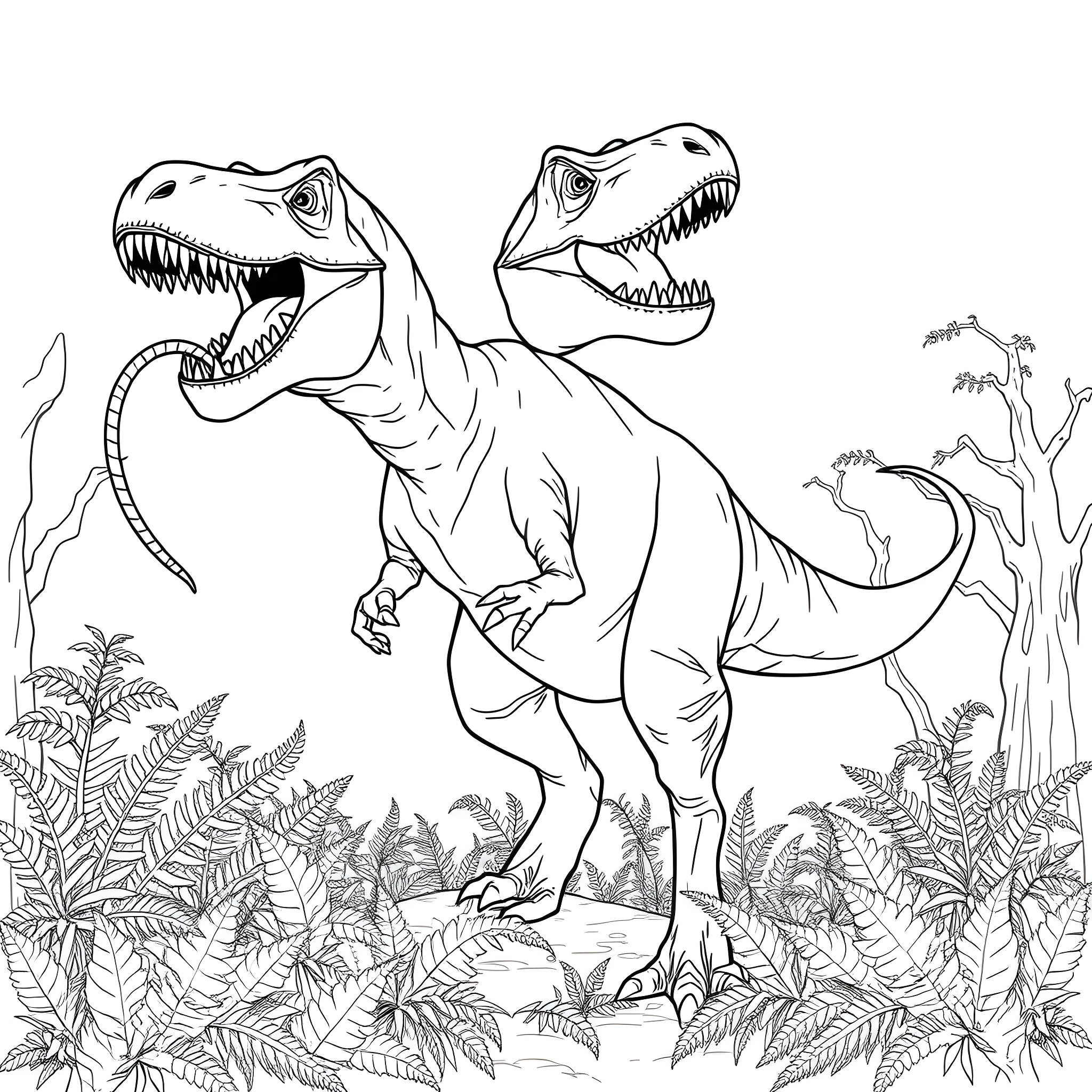 Tyrannosaurus dinosaurs in a lush prehistoric landscape Coloring Page (free black-and-white line drawing printable PDF for all, from beginners to advanced learners, including children, teens, adults, and seniors)