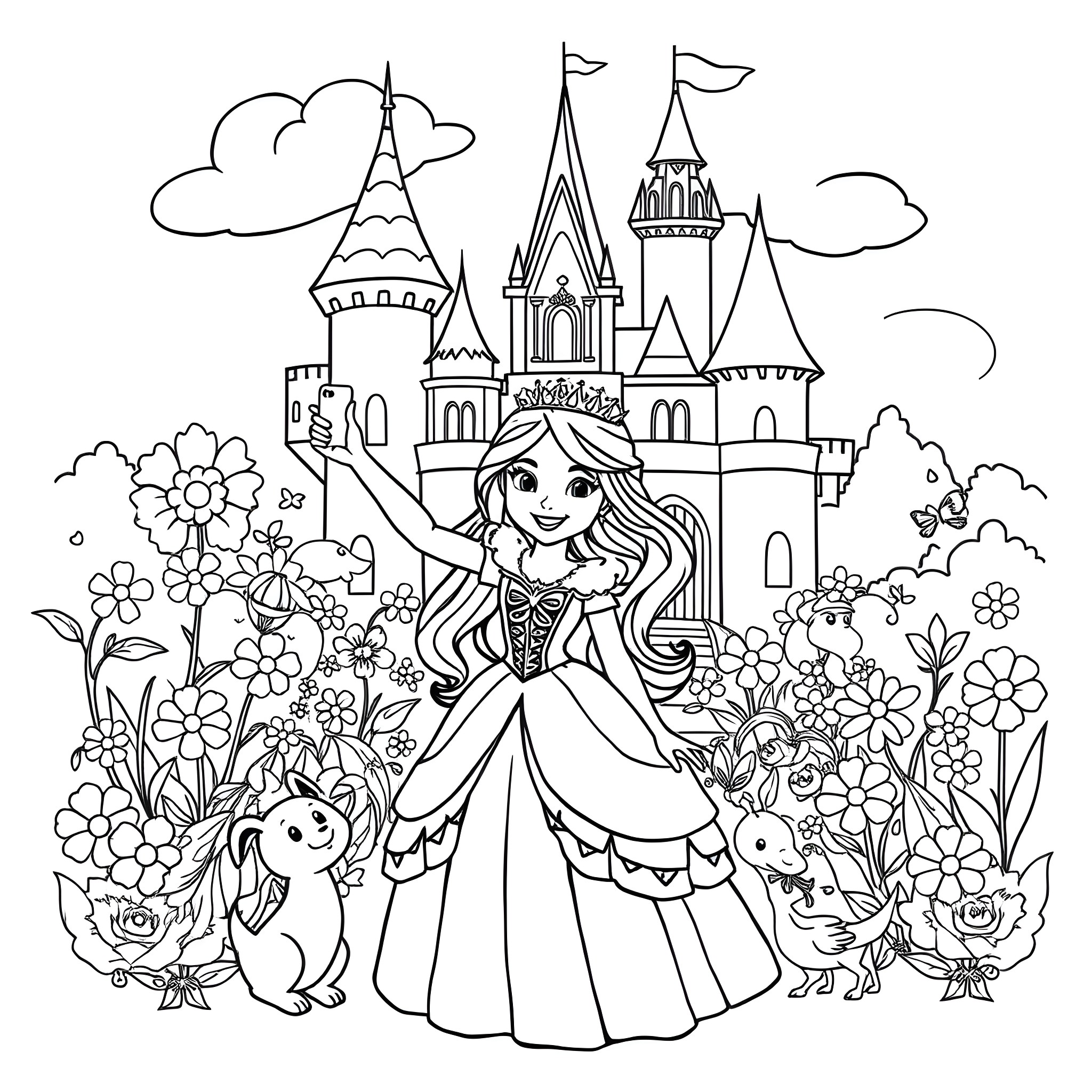 Princess in a Magical Castle Garden Coloring Page (free black-and-white line drawing printable PDF for all, from beginners to advanced learners, including children, teens, adults, and seniors)