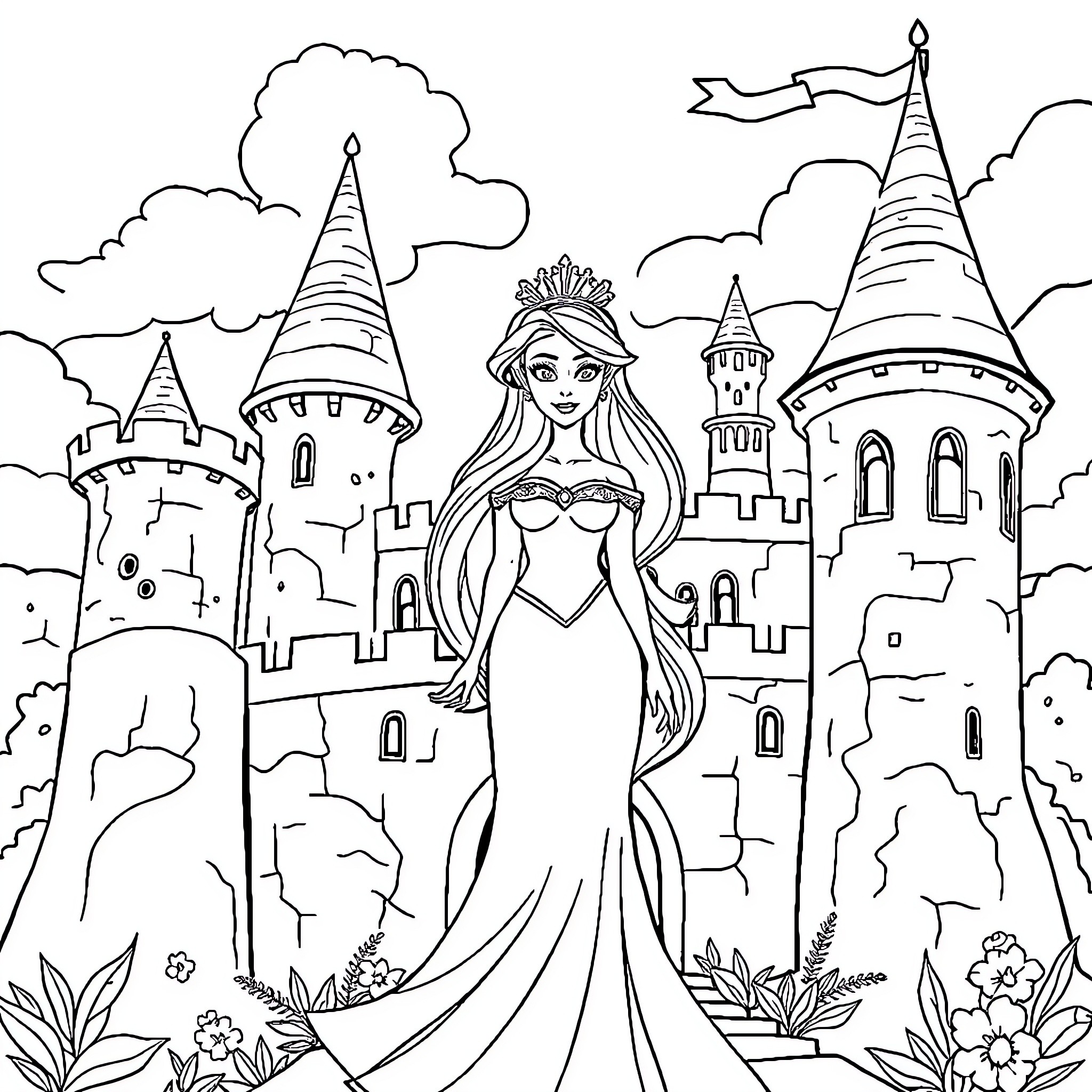 Princess in Majestic Castle Setting Coloring Page (free black-and-white line drawing printable PDF for all, from beginners to advanced learners, including children, teens, adults, and seniors)