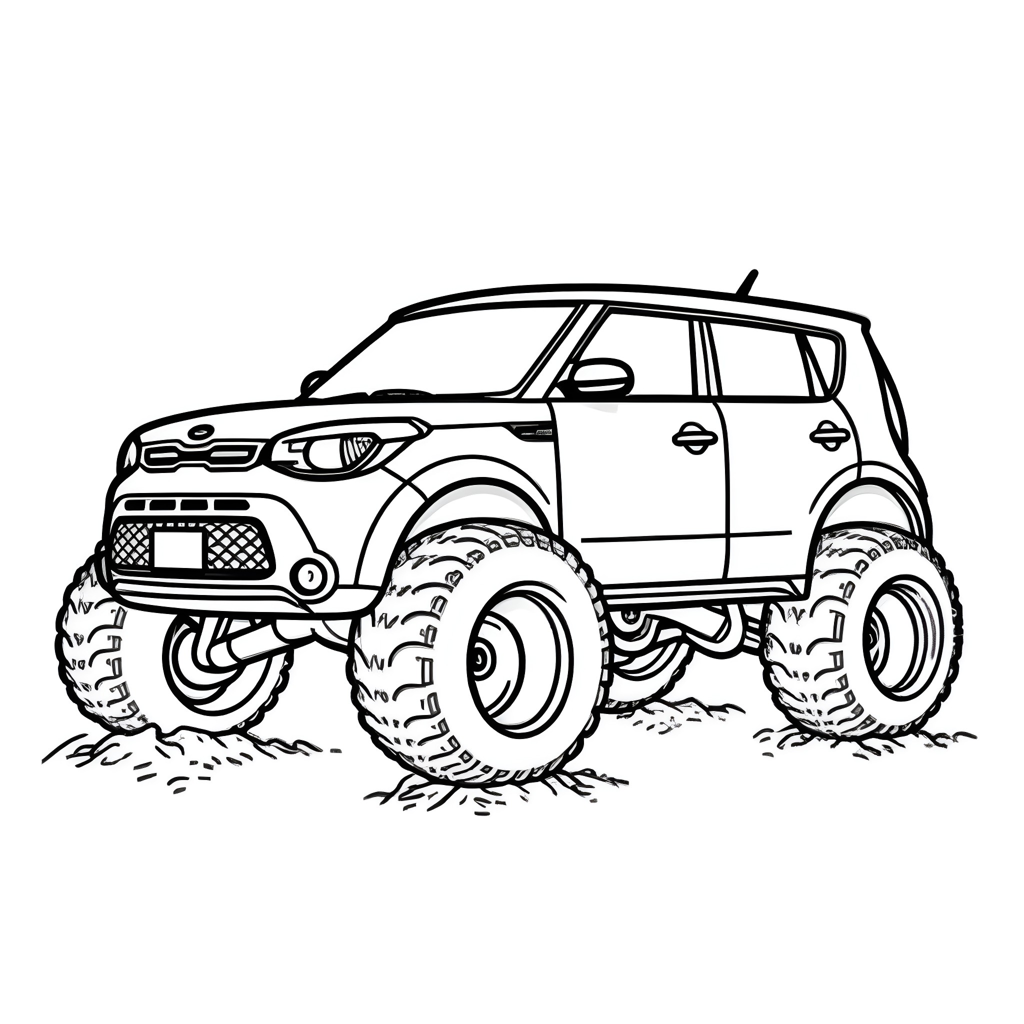 Kia Soul off-road adventure Coloring Page (free black-and-white line drawing printable PDF for all, from beginners to advanced learners, including children, teens, adults, and seniors)