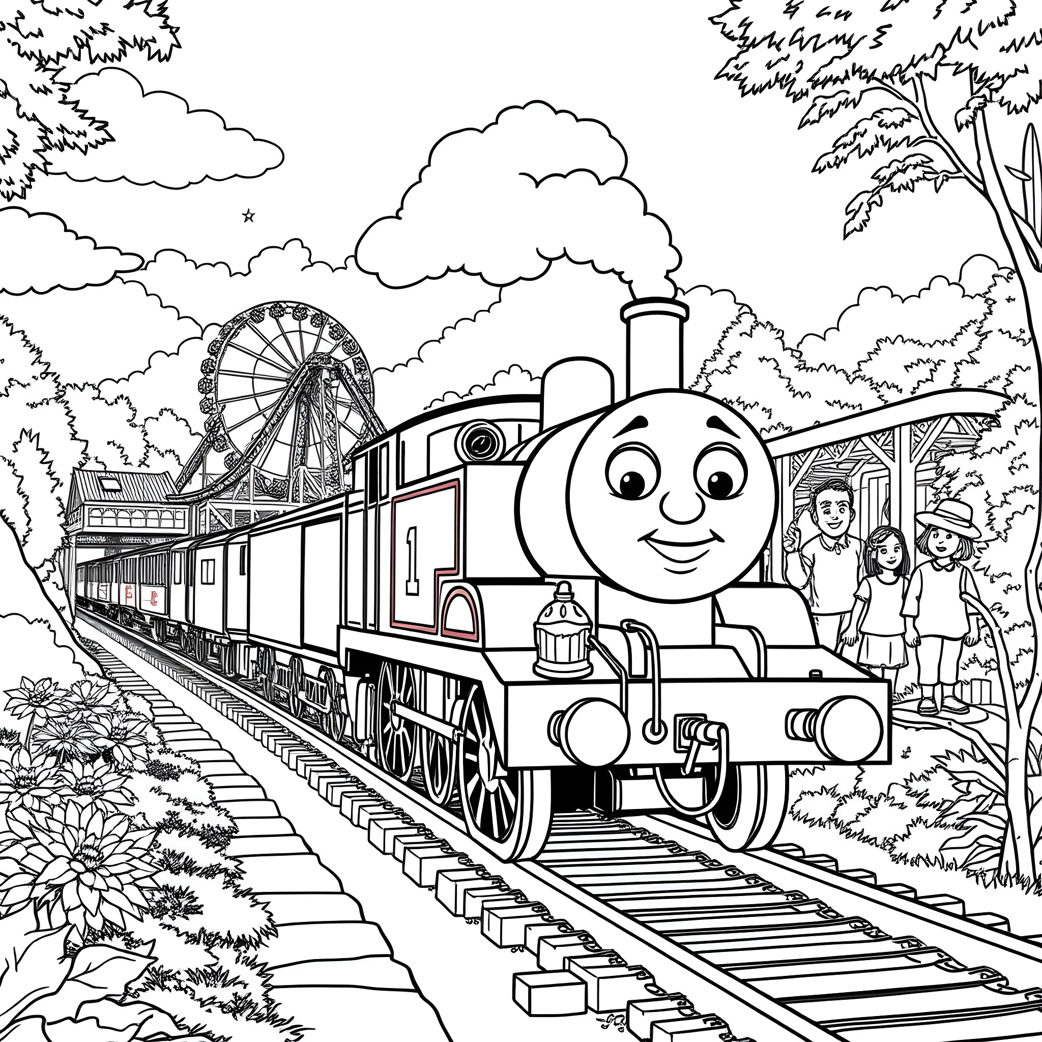 Thomas' Fun Train Ride Through the Amusement Park Coloring Page (free black-and-white line drawing printable PDF for all, from beginners to advanced learners, including children, teens, adults, and seniors)