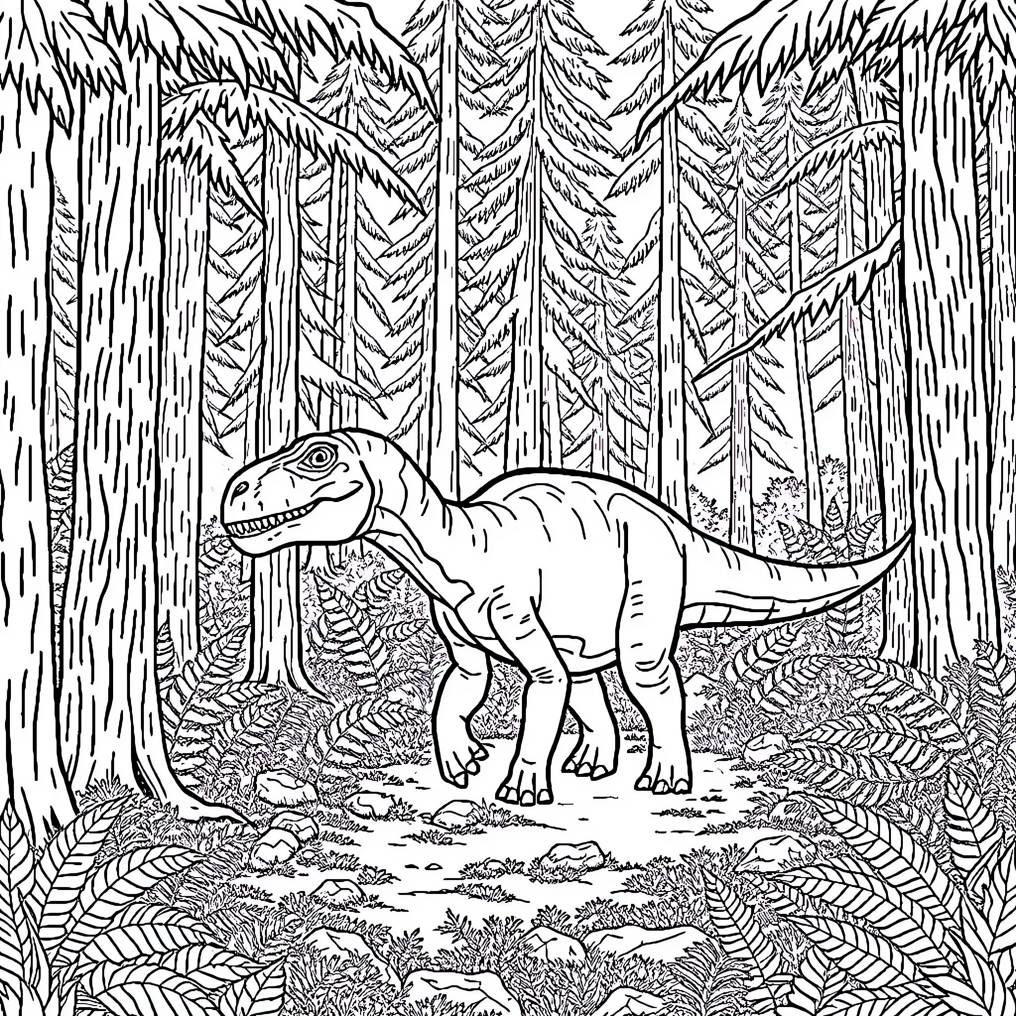 Dinosaur exploring the mysterious forest Coloring Page (free black-and-white line drawing printable PDF for all, from beginners to advanced learners, including children, teens, adults, and seniors)